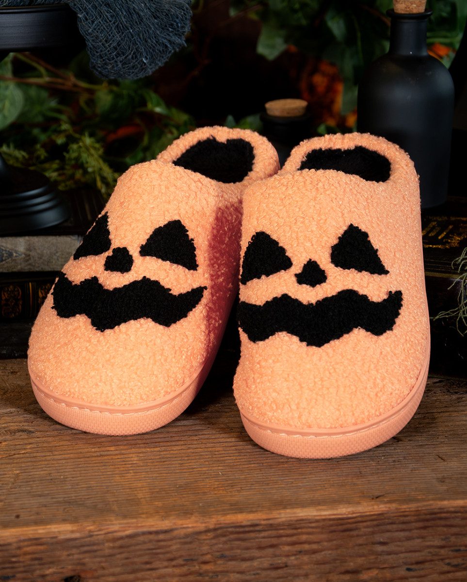 Horror-Shop Dekoobjekt Patellorange-Schwarze Halloween Hausschuhe mit Jac