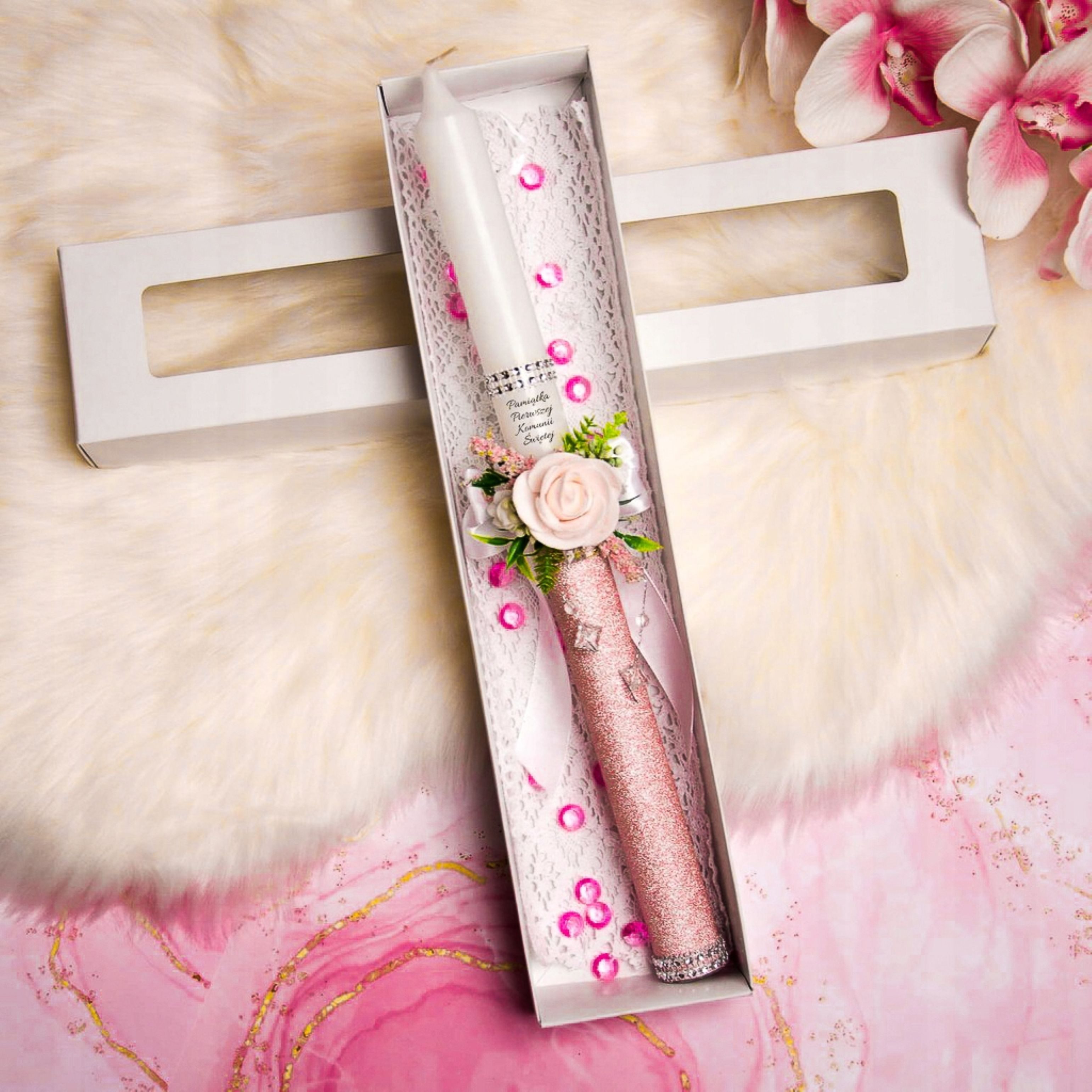 Sacramenta Kommunionskarte Kommunionkerze Mädchen Handarbeit Rosa Weiß Blumen 40cm