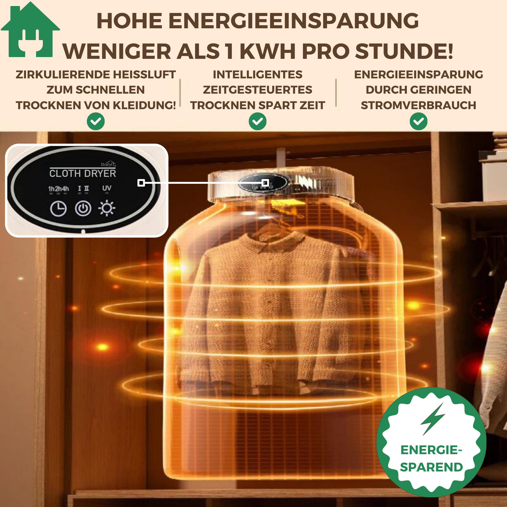 Starlyf Elektrischer Wäschetrockner Cloth Dryer, Trockner elektrisch, klappbar, klein und schmal zum Anhängen