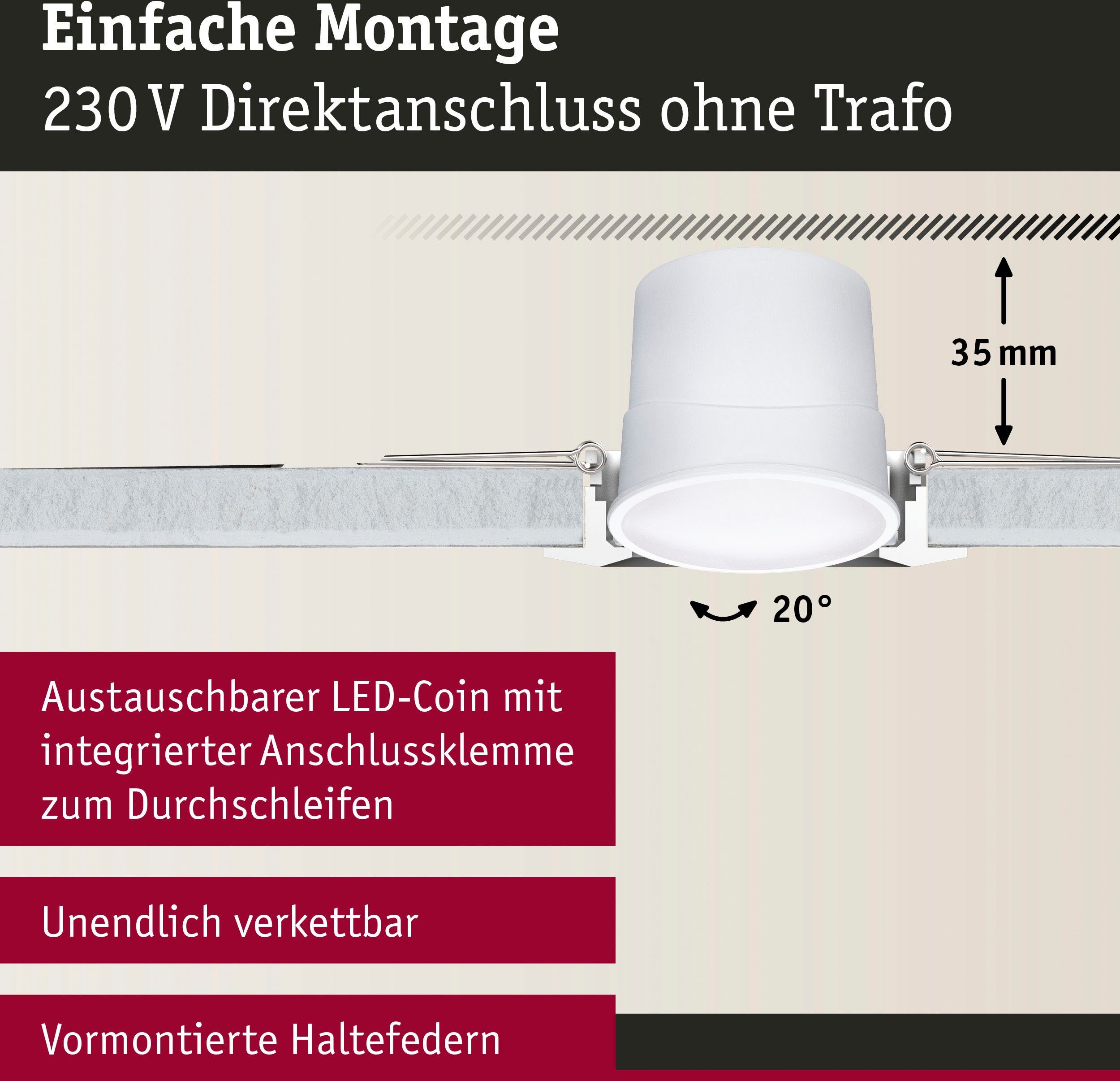 Paulmann LED Einbauleuchte Base Weiß, Warmweiß, 3x430lm 230V integriert, Basisset LED Zigbee fest