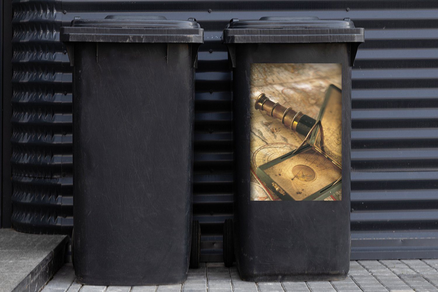 Weltkarte Container, Vintage MuchoWow St), Abfalbehälter Mülltonne, Wandsticker Kompass Teleskop Sticker, und auf Mülleimer-aufkleber, (1
