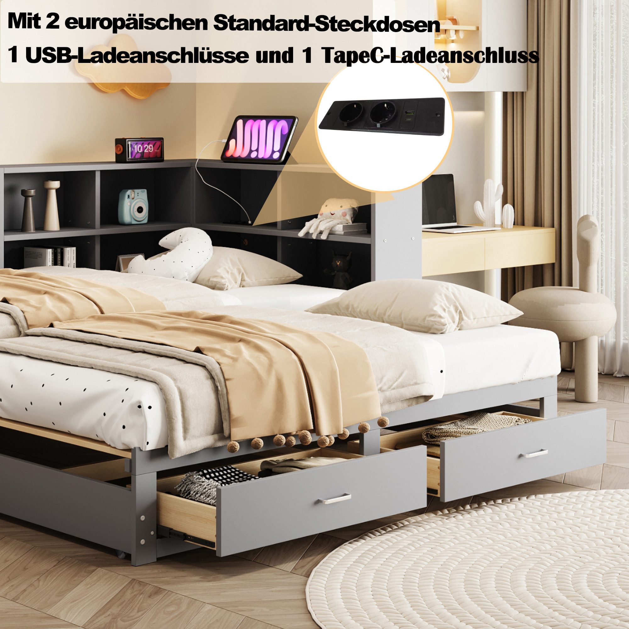 Merax Daybett 90/180x190cm mit USB-Steckdose (1 tlg), Ausziehbares Schlafsofa Kinderbett mit Ablagefächern und 2 Schubladen