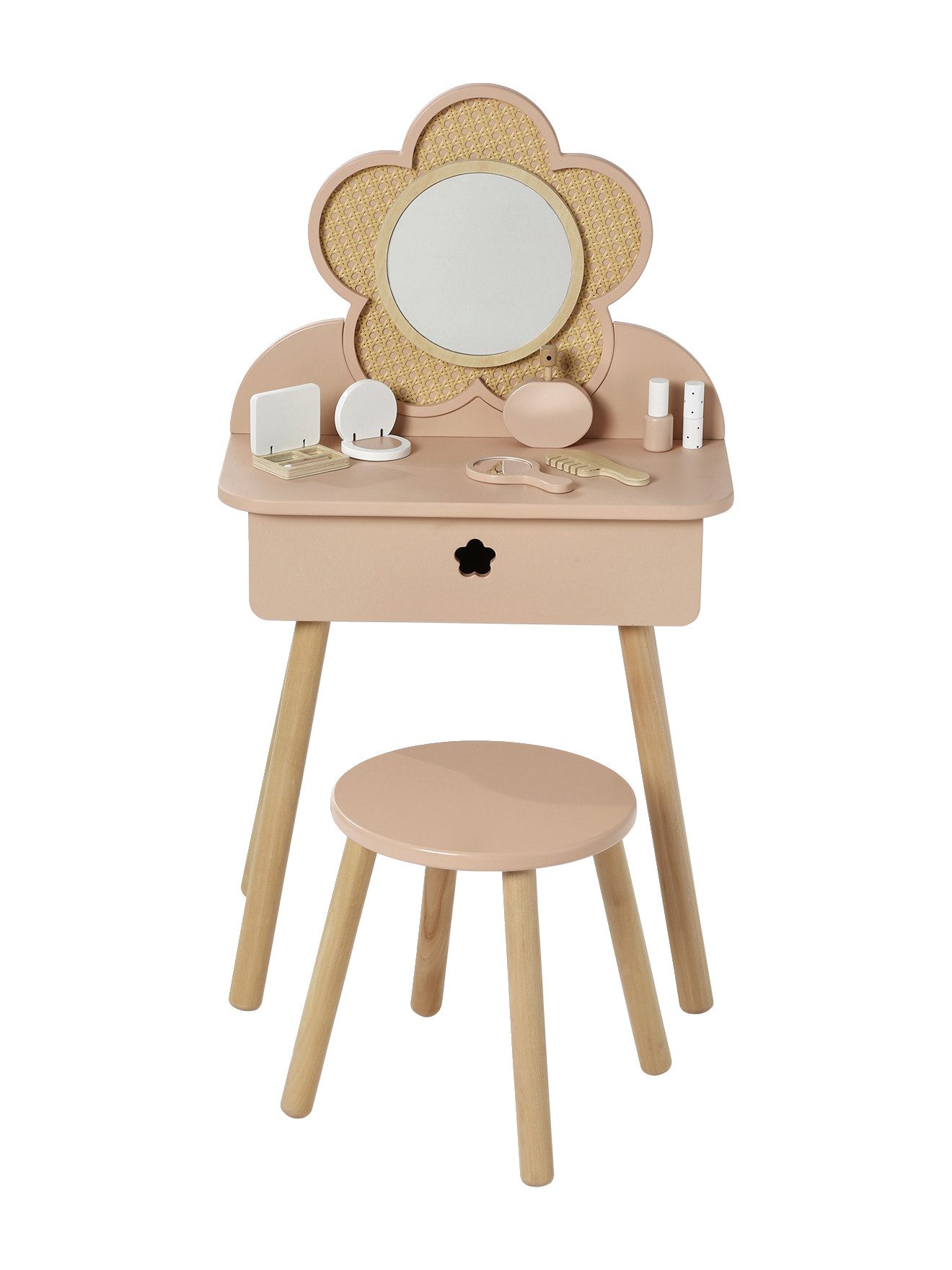 vertbaudet Spielwerkbank Kinder Schminktisch mit Zubehoer, Holz FSC® und Rattangeflecht