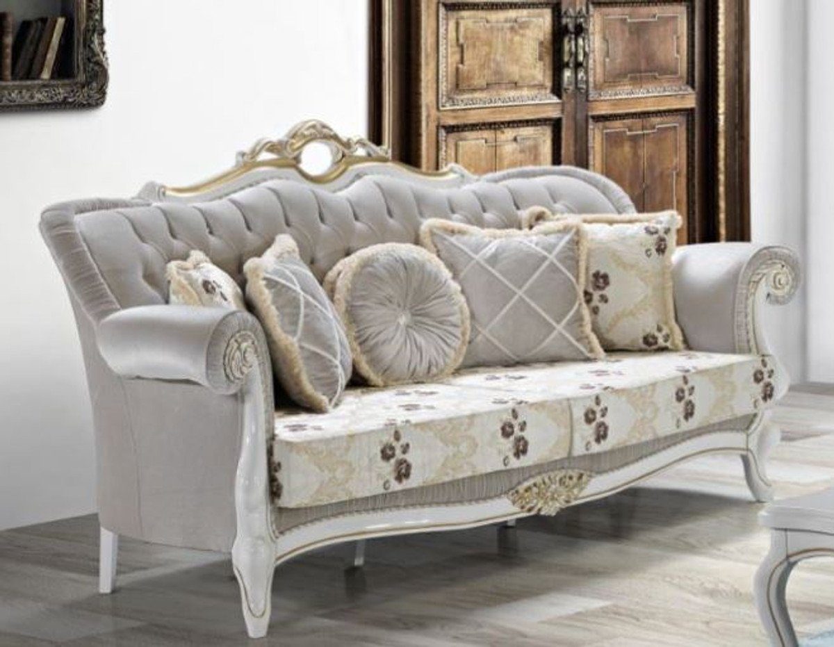 Casa Padrino Sofa Barock Wohnzimmer Sofa mit Glitzersteinen und Blumenmuster Hellgrau / Creme / Beige / Weiß / Gold 215 x 80 x H. 120 cm - Barock Möbel