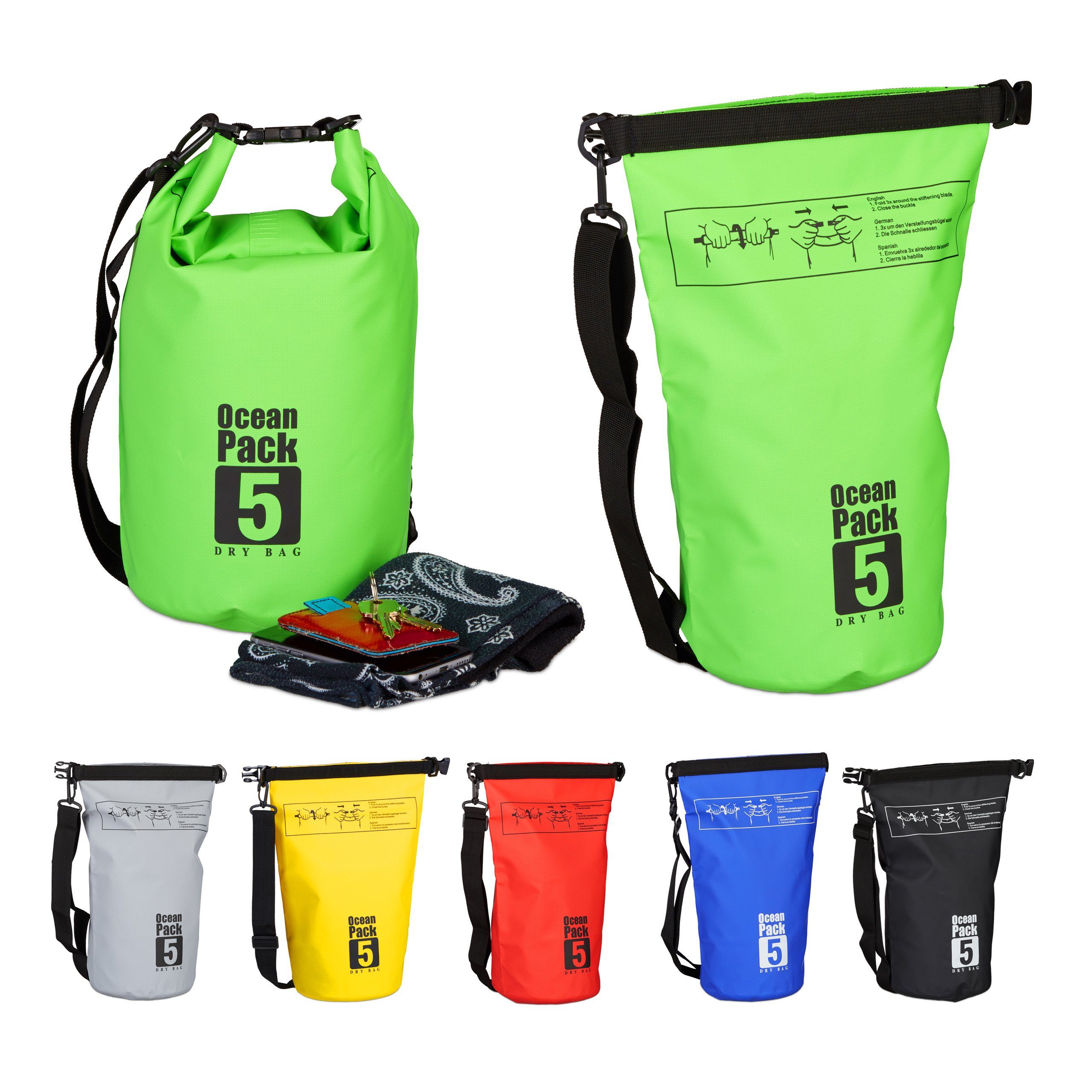 relaxdays Packsack Ocean Pack 5L wasserdicht, Grün