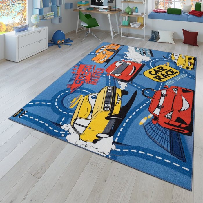 Kinderteppich Kinder-Teppich Wendbarer Teppich Mit Straßen-Design und Auto-Motiven In Blau TT Home rechteckig Höhe: 9 mm