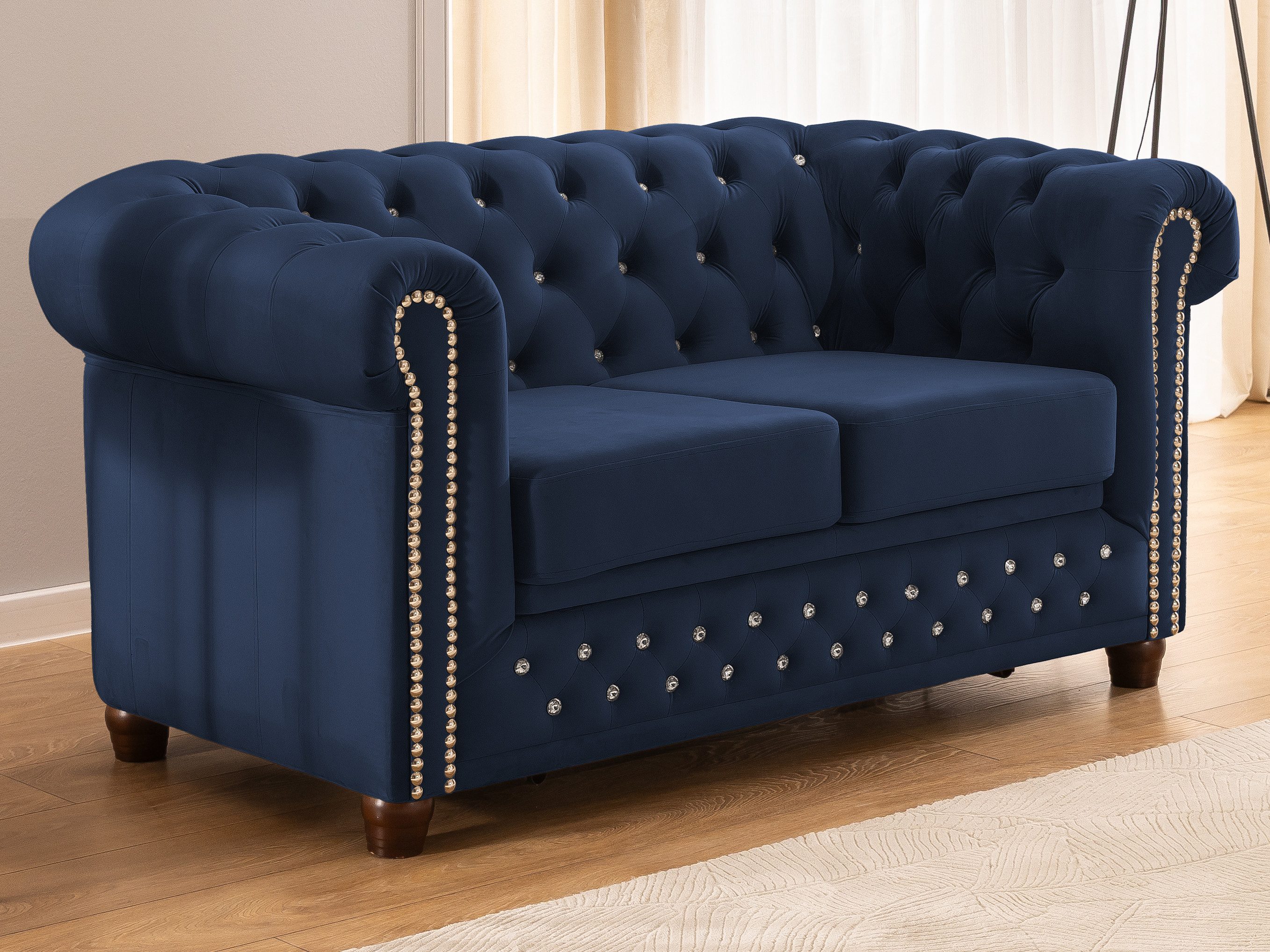 S-Style Möbel Chesterfield-Sofa 2-Sitzer mit Schlaffunktion Cleo Blink aus Samt mit Kristallsteppung, mit Wellenfederung