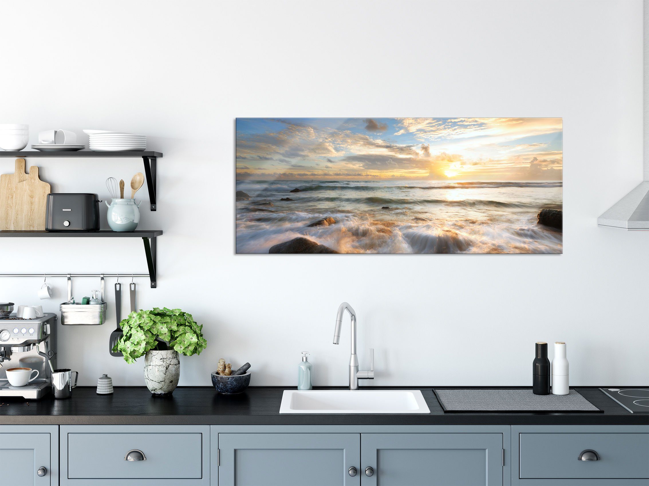 Pixxprint Glasbild Sonnenuntergang am Meer, Sonnenuntergang am Meer (1 St), Glasbild aus Echtglas, inkl. Aufhängungen und Abstandshalter