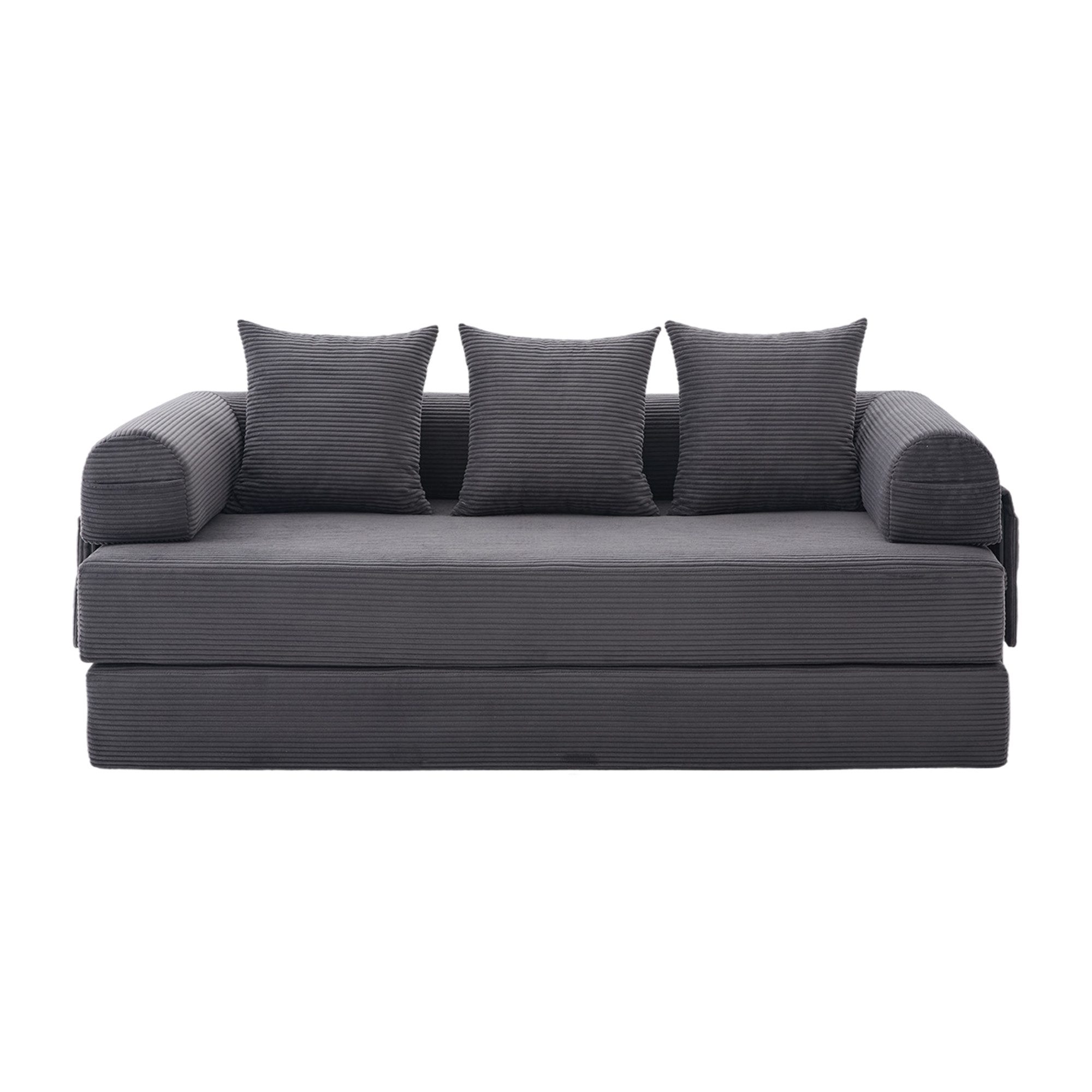LVHOM Loungesofa faltbar mit Schlaffunktion, Stabil-/abnehmbarer Außenrahmen aus Metall, frei kombinierbar, Liege- oder Klappsofa, 3 Kissen, Hochelastischer Schaumstoff, weicher Cordstoff, Praktische Seitentaschen zur Aufbewahrung, Ideal für flexible Raumgestaltung in Wohn- oder Kleinwohnungen, Tragfähigkeit 300kg, als Gästebett nutzbar,Arbeitszimmer/Wohnzimmer