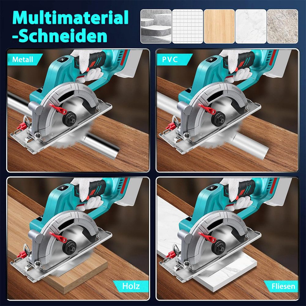 PODOFO Akku-Handkreissäge Bürstenlose Akku-Kreissäge 6" 18V, 6900 U/min, 0° bis 45°, für Holz, Weichmetall, Kunststoff, Fliesen