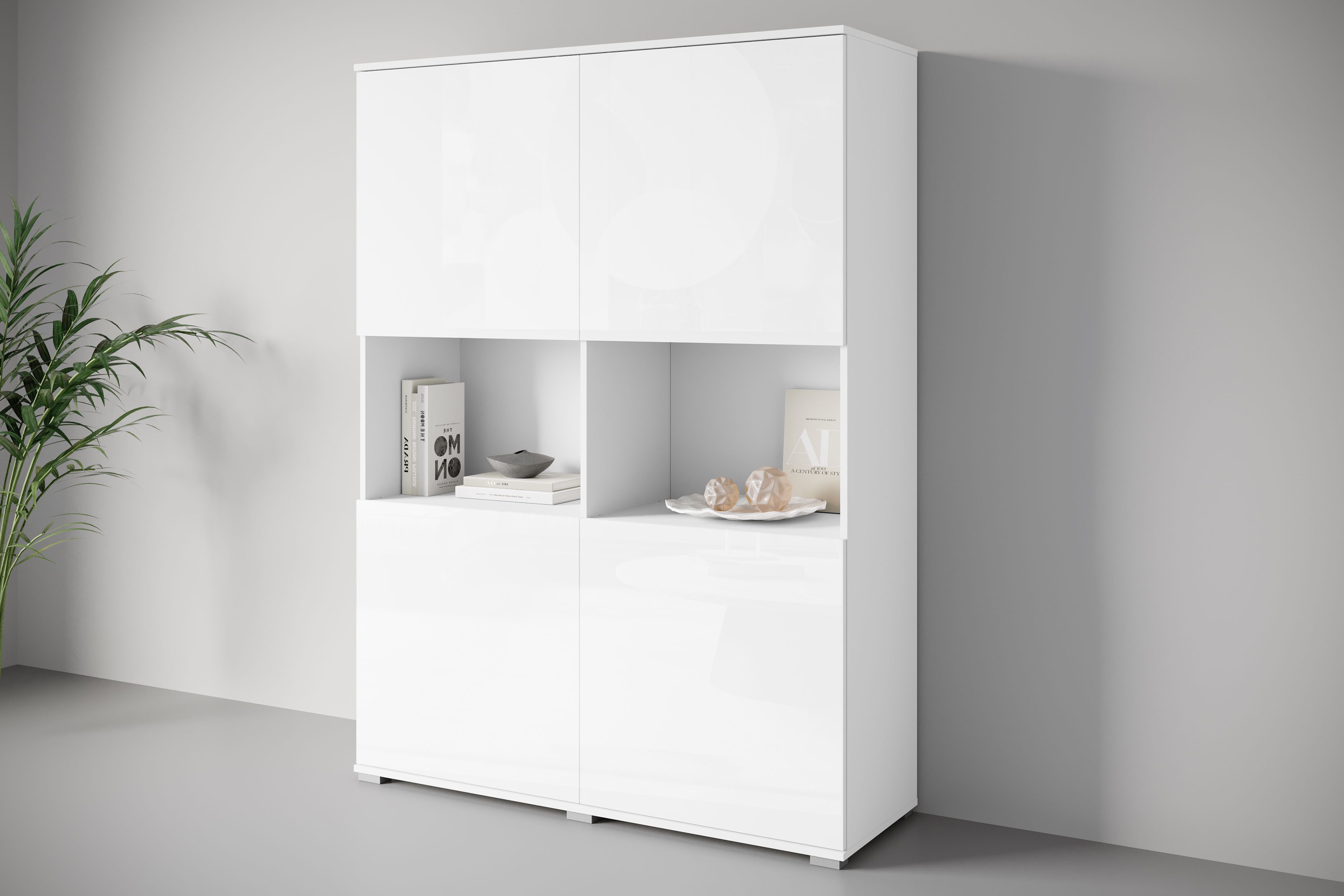 OTTO home Highboard Kenia Schrank, 120 cm breit, mit 4 Türen und 2 offenen Fächern (1 St), Griffloses Design mit Push-to-Open und verstellbaren Einlegeböden