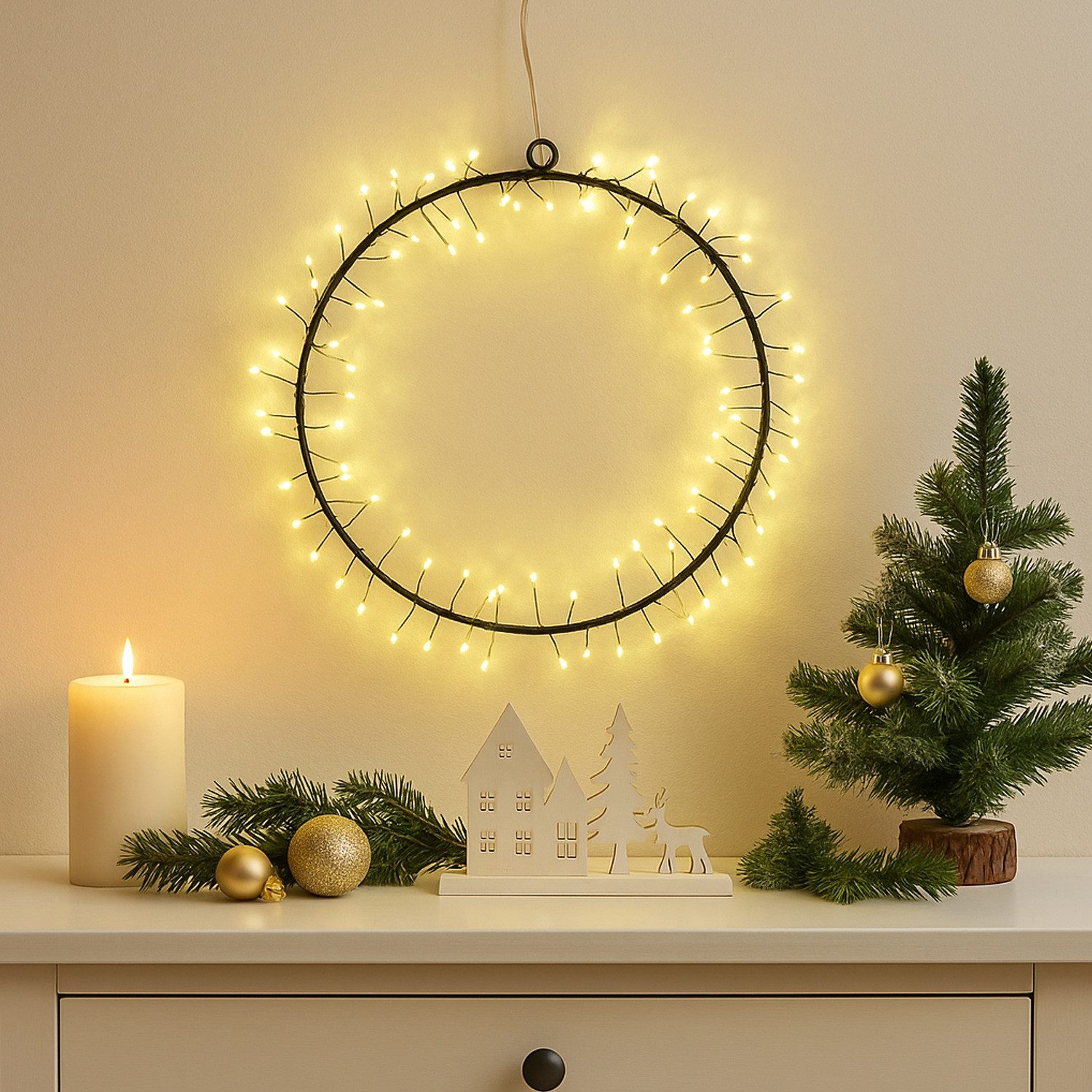 MARELIDA Dekokranz LED Kranz Türkranz Weihnachtskranz Lichtkranz 130LED D: 30cm Batterie