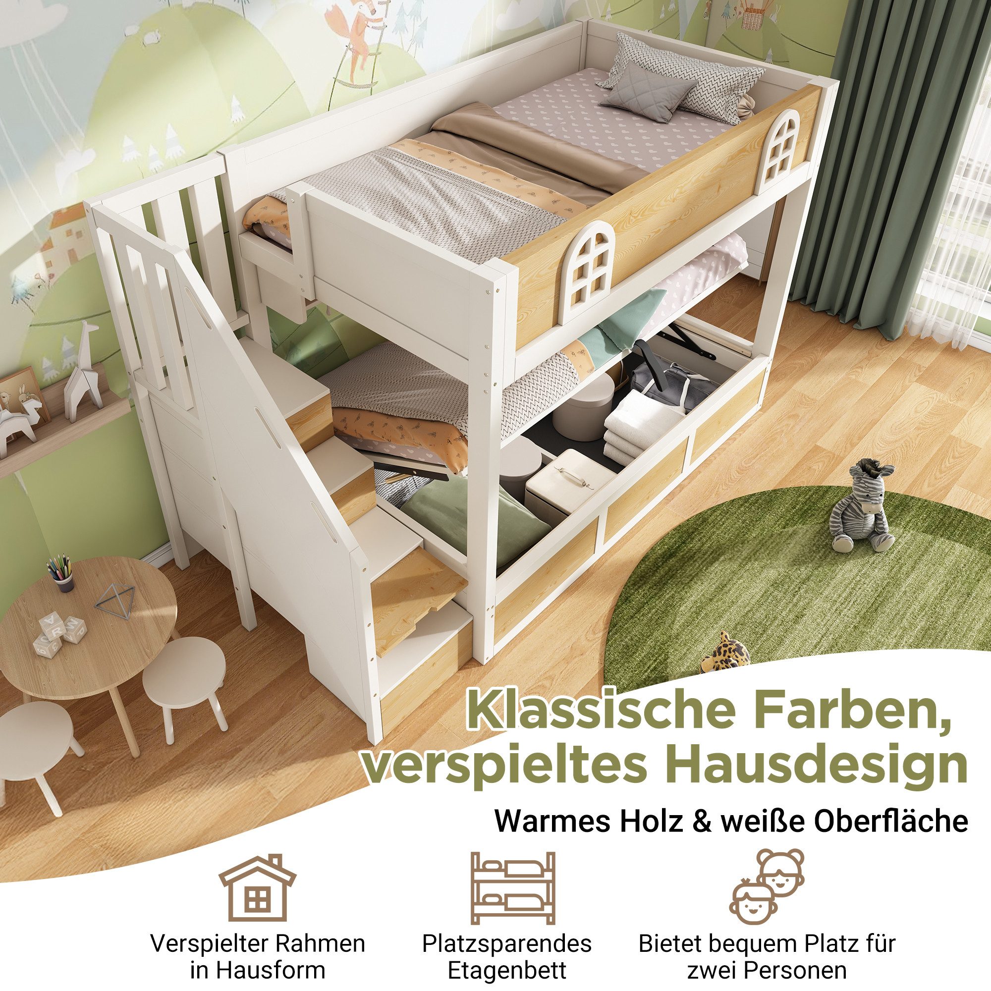 OKWISH Hochbett 90x200 cm mit Treppenschrank und Stauraum – Etagenbett Weiß/Natur (1-St., Treppenschrank Lattenroste und Rausfallschutz) Holzbett mit hydraulischem Stauraum (ohne Matratzen)