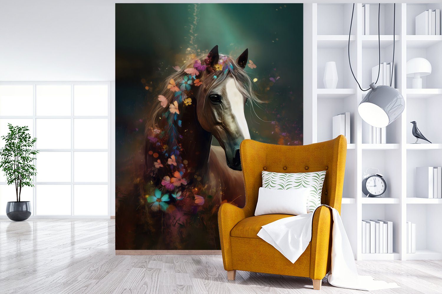 MuchoWow Fototapete Tiere - Pferd Montagefertig bedruckt, Blumen, Wandtapete (4 - für Matt, Vinyl - St), Wohnzimmer, Natur - Schmetterling Tapete