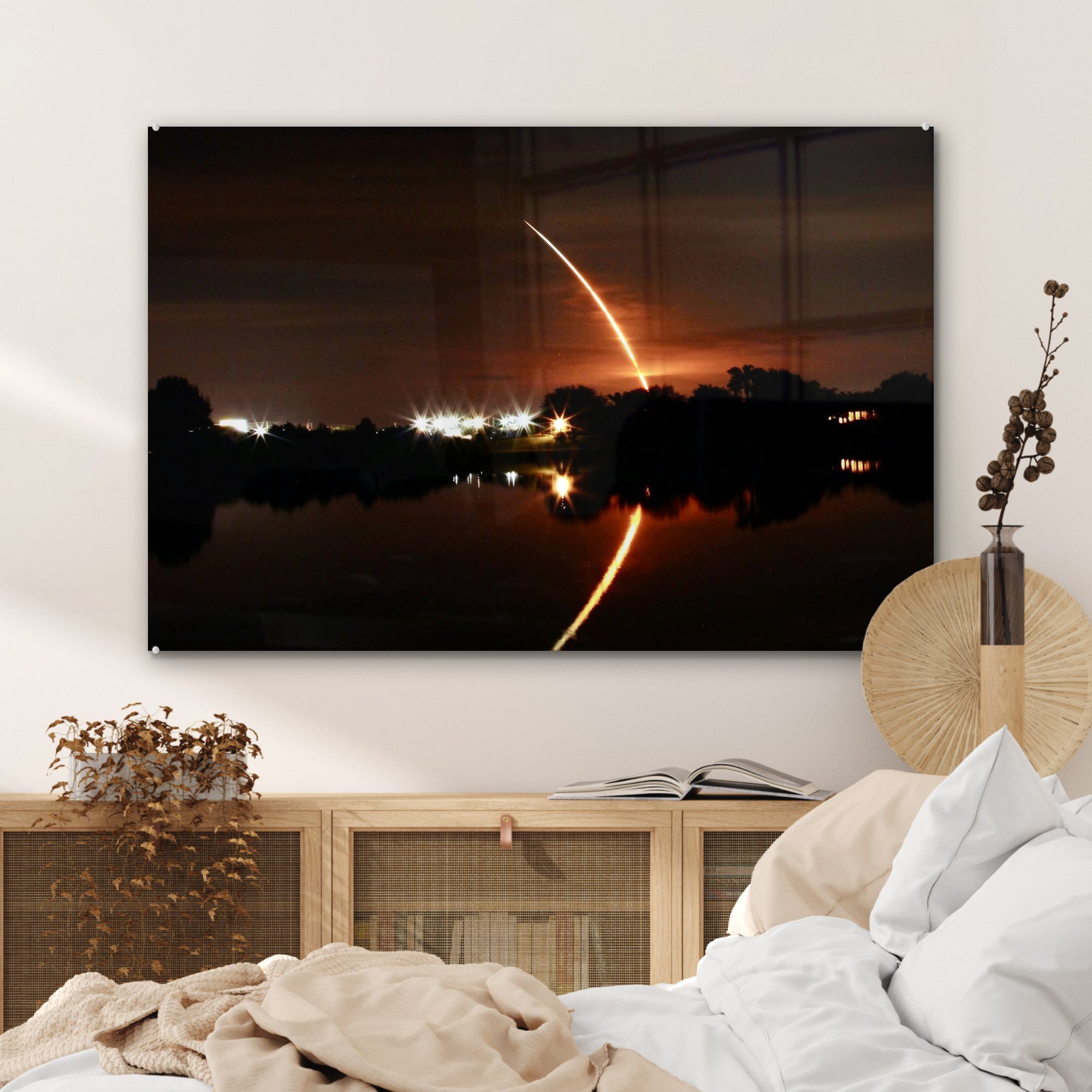 Acrylglasbilder & des MuchoWow St), Space-Shuttle-Starts, (1 Schlafzimmer Acrylglasbild Wohnzimmer Langzeitbelichtung