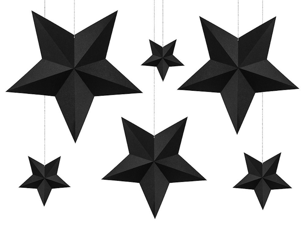 partydeco Konfetti 6 Sterne aus Papier, 12 - 37 cm Schwarz