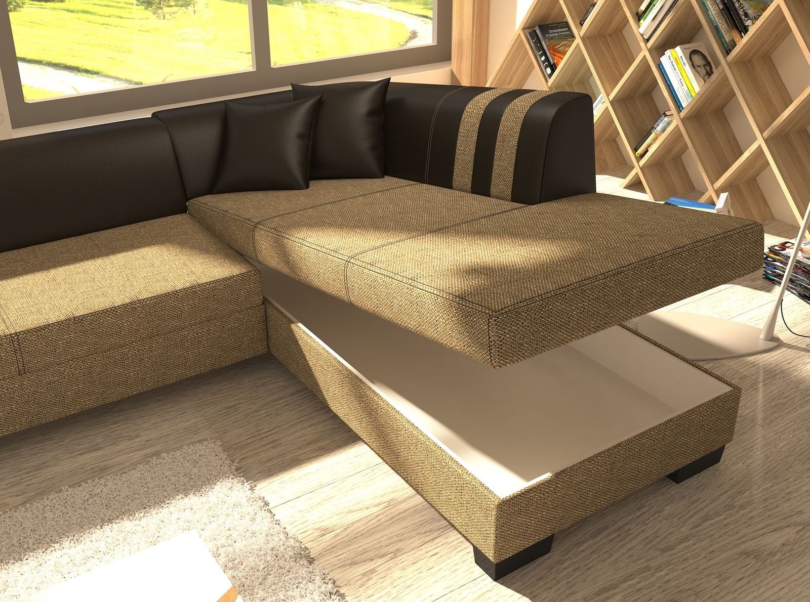 JVmoebel Ecksofa, Klassisch Design Ecksofa Porto II Bettfunktion Couch Textil Sofas Hellbraun / Schwarz