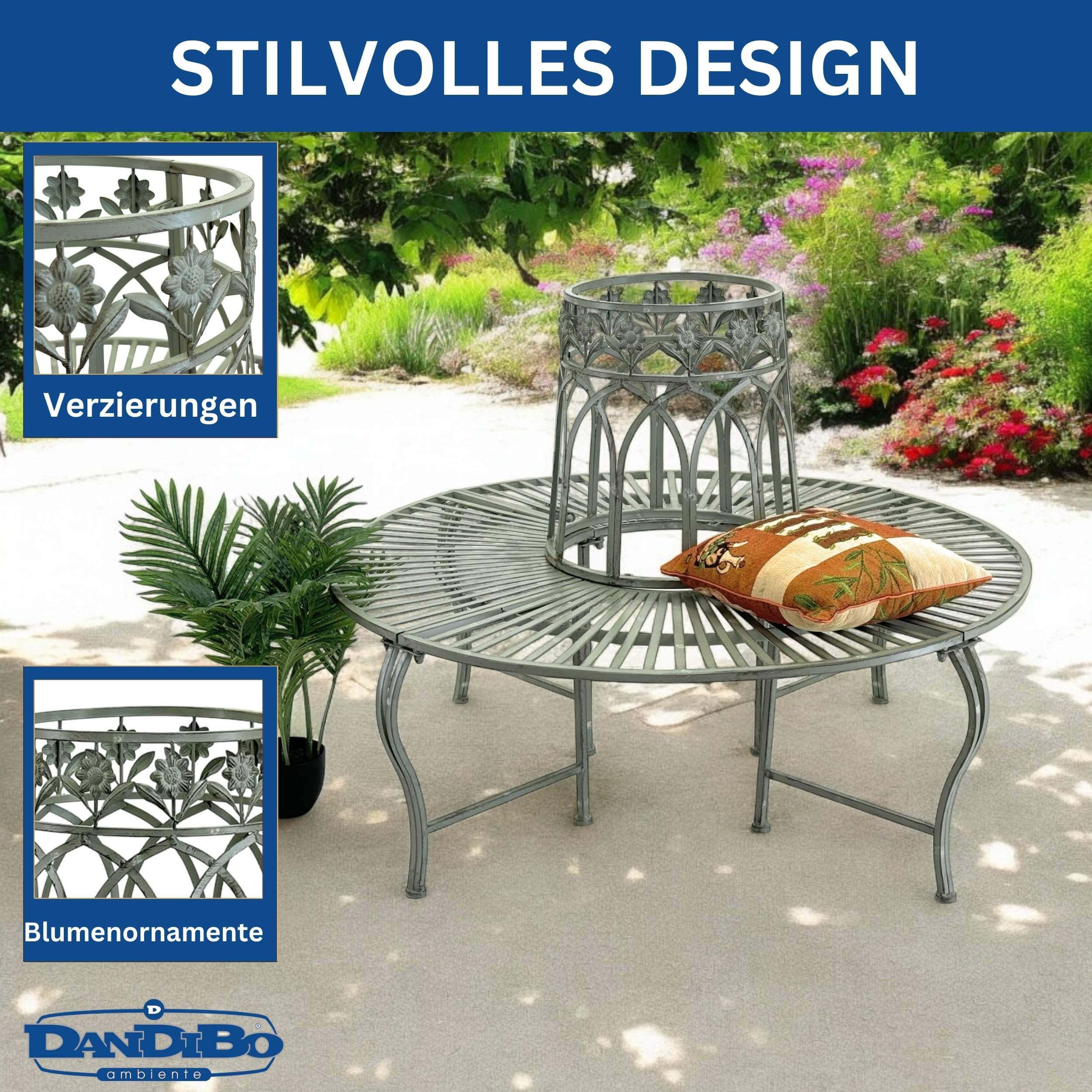 DanDiBo Baumbank Rund Metall Wetterfest Grau 96590 Rundbank ø 120 cm Gartenbank, Sitzbank Bank Garten Antik Metallbank Braun Gartenbaumbank Parkbank