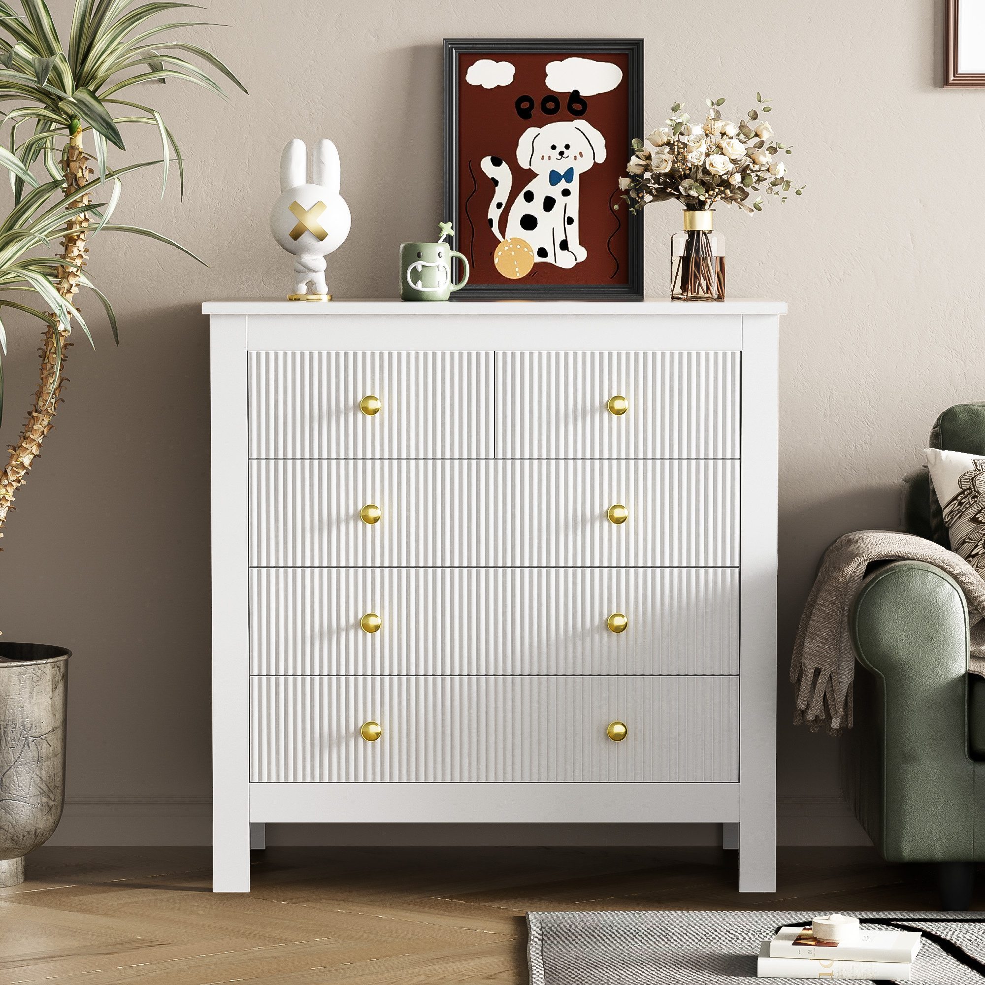 Sideboard Kommode mit Spezialtüren, Goldgriffen, 5 Schubladen Wohnzimmer Weiß