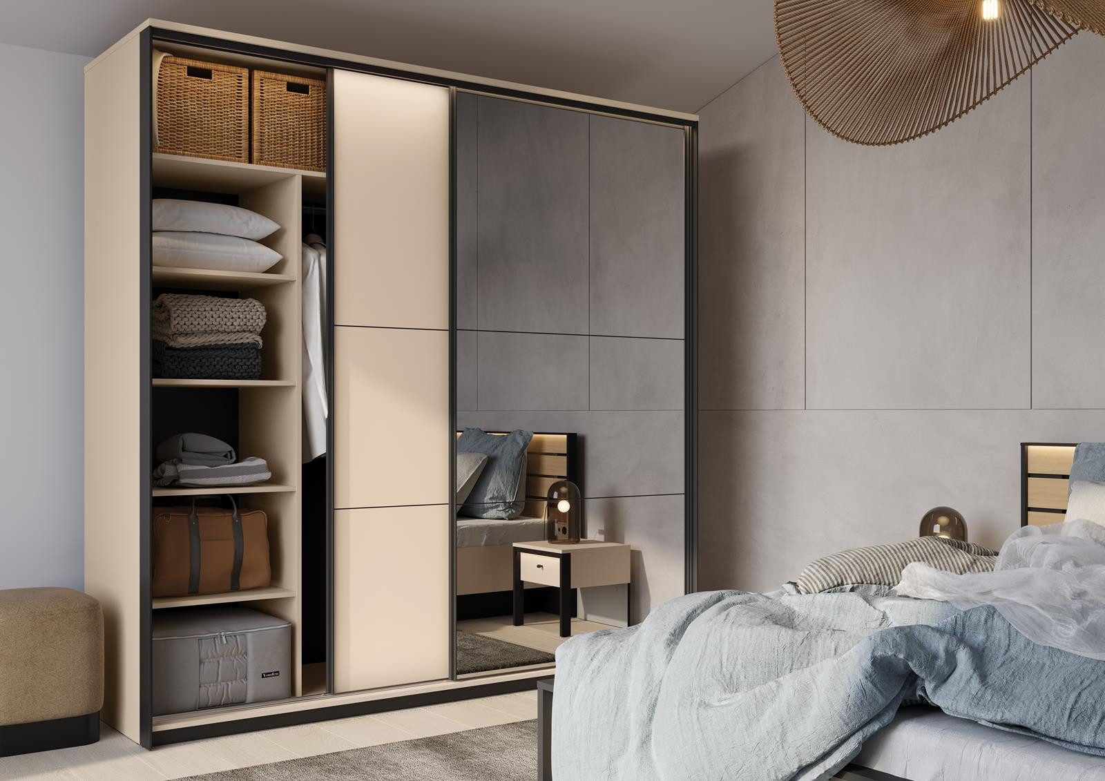 Compleo Schwebetürenschrank beige, Kleiderschrank modern, Ideal für das Schlafzimmer EMS