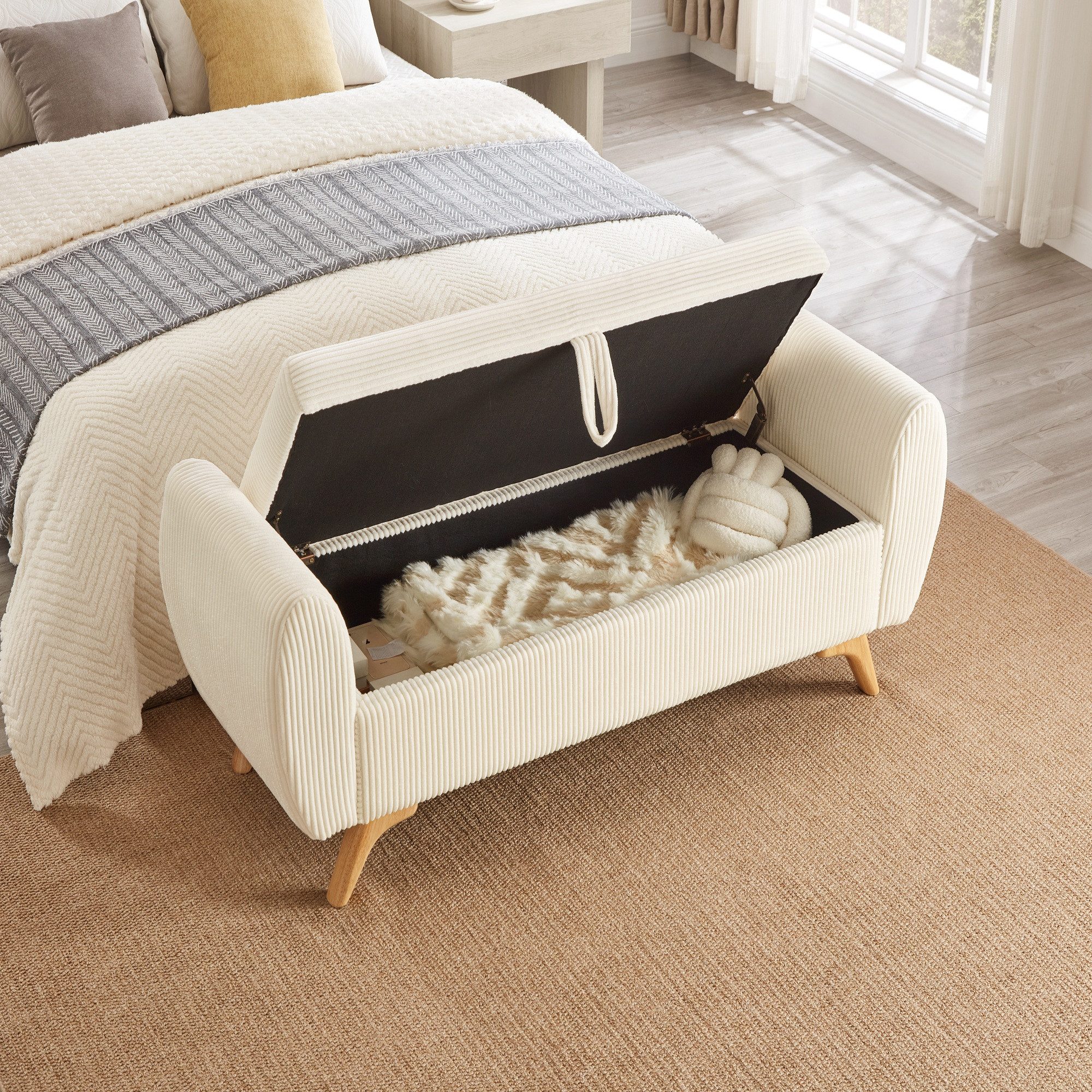 i@home Bettbank Truhenbank mit Stauraum, Armlehne klappbare Cord‑Sitzbank (mit Massivholzbeinen, atmungsaktiver Cordstoff, 1-St), gepolsterte Polsterbank für Schlafzimmer, Flur & Wohnzimmer