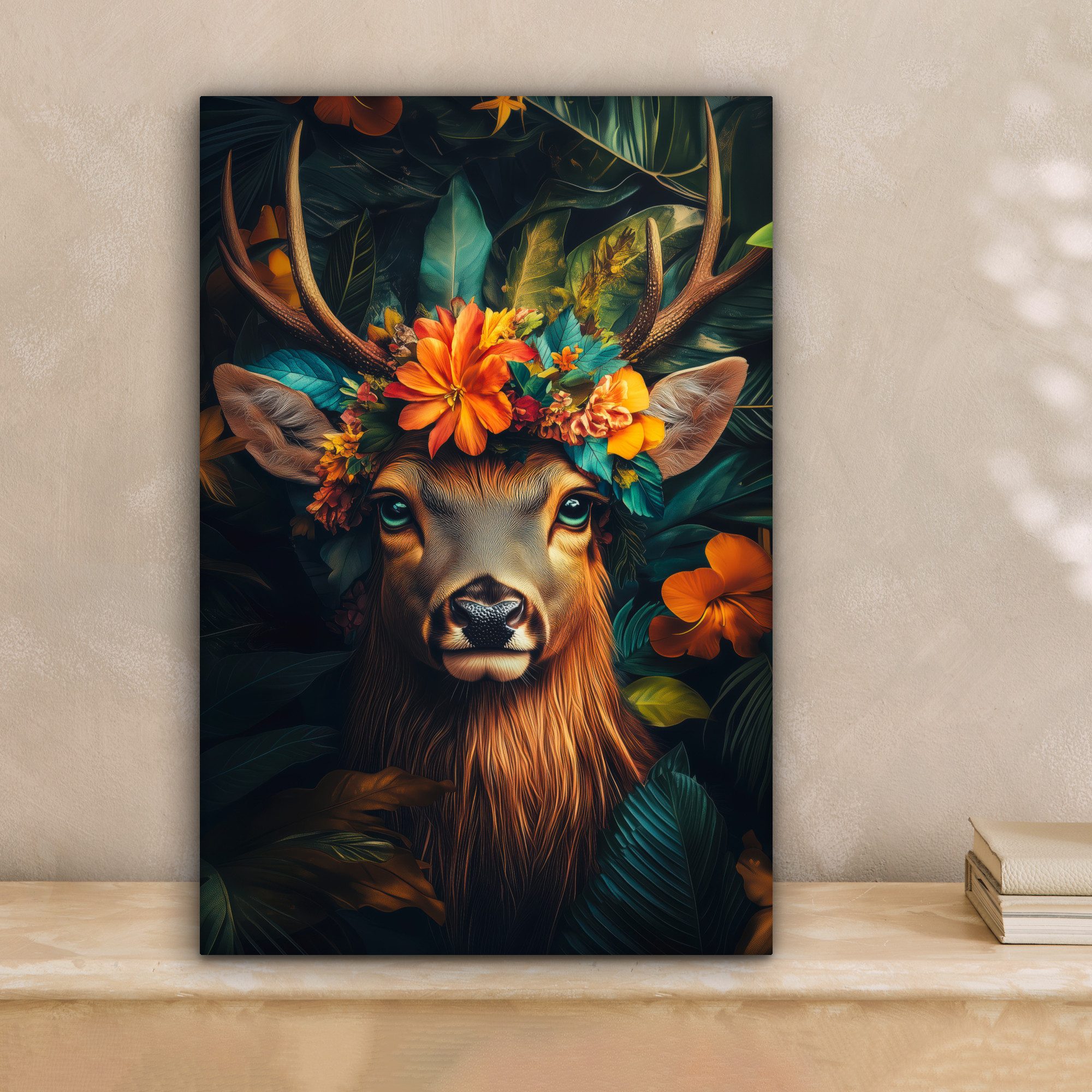 OneMillionCanvasses® Leinwandbild Hirsch - Blumen - günstig online kaufen