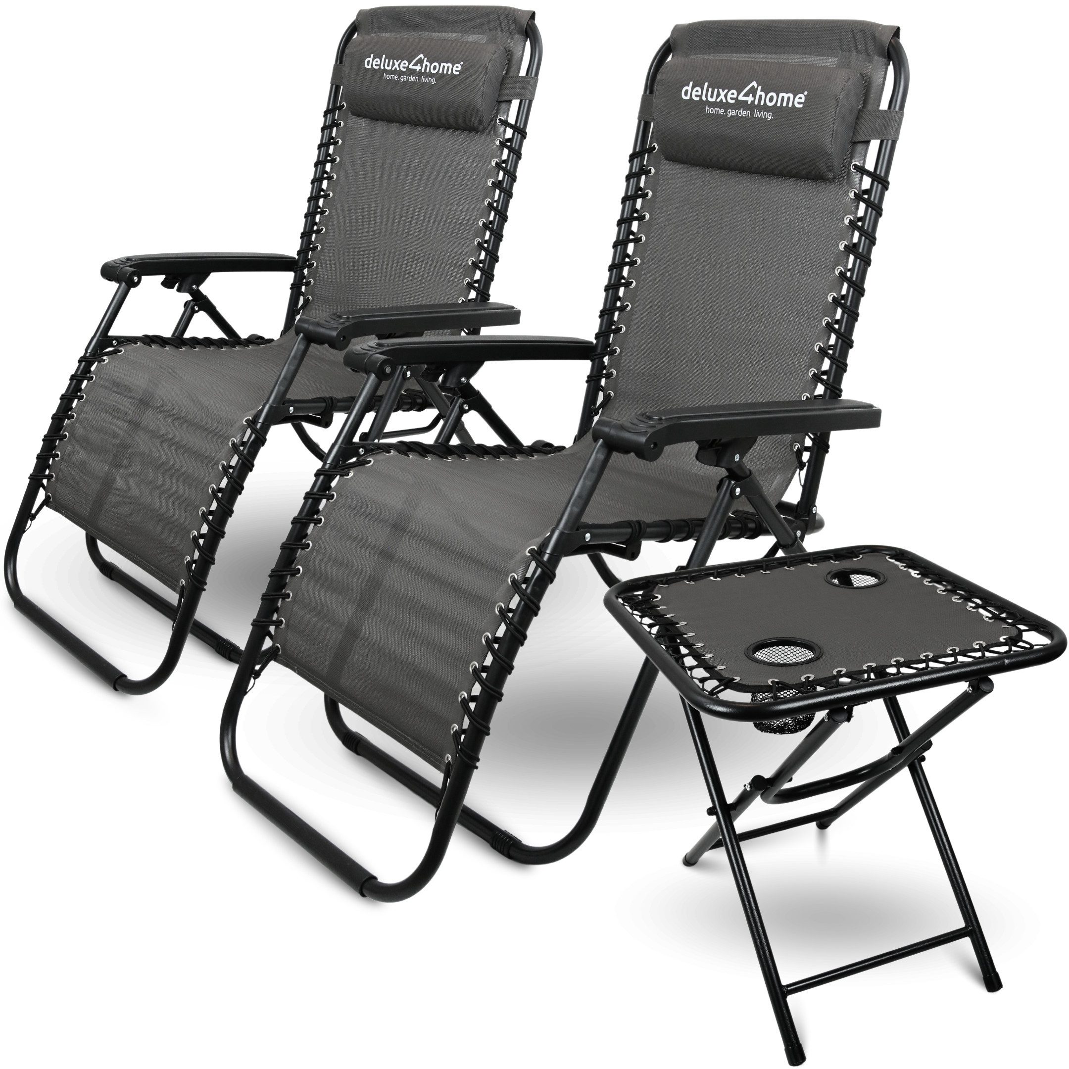deluxe4home Gartenliege Liegestuhl Set mit Klapptisch I Gartenstuhl Klappbar I Liege Anthrazit, 3-teilig, Flexibles Gewebe