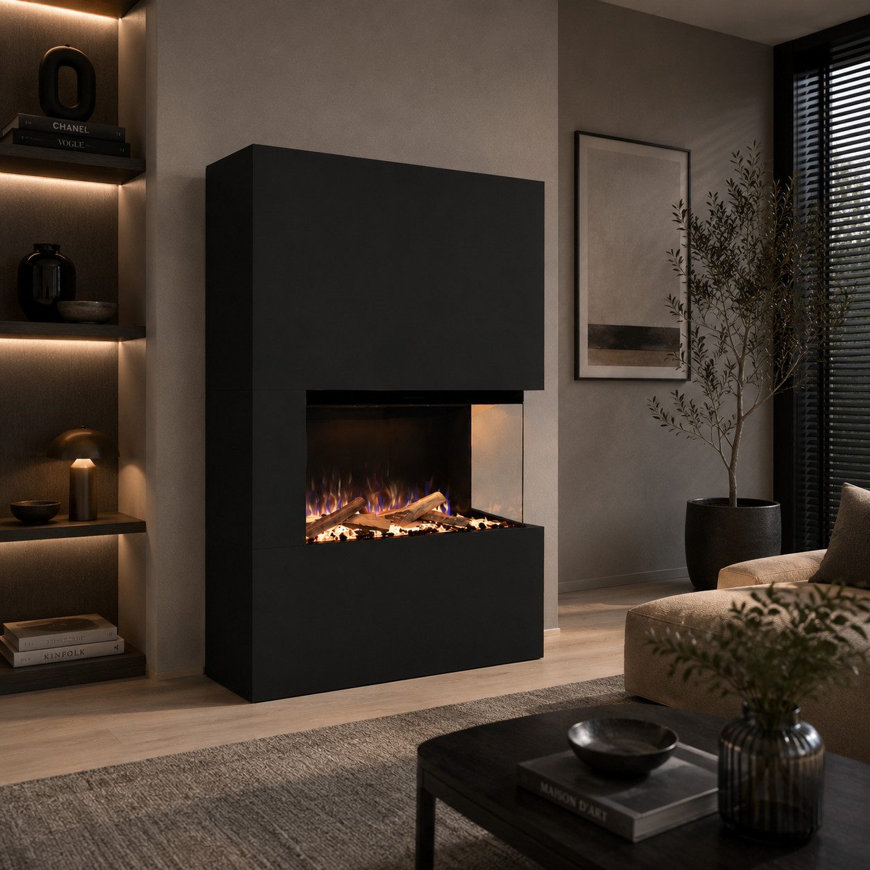 GLOW FIRE Elektrokamin LED E-Motion 3D - Portia, täuschend echte Flamme mit Heizung, 3 Dekorationen