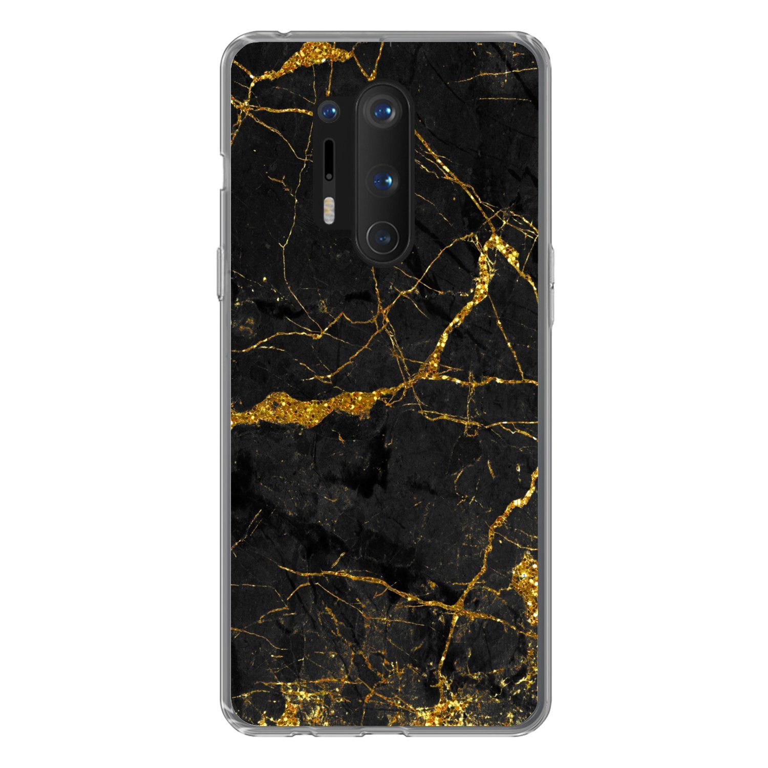 MuchoWow Handyhülle für OnePlus 8 Pro Marmor - Gold - Schwarz - Marmoroptik - Luxus - Glit, Phone Case, Silikon, Schutzhülle Dünn