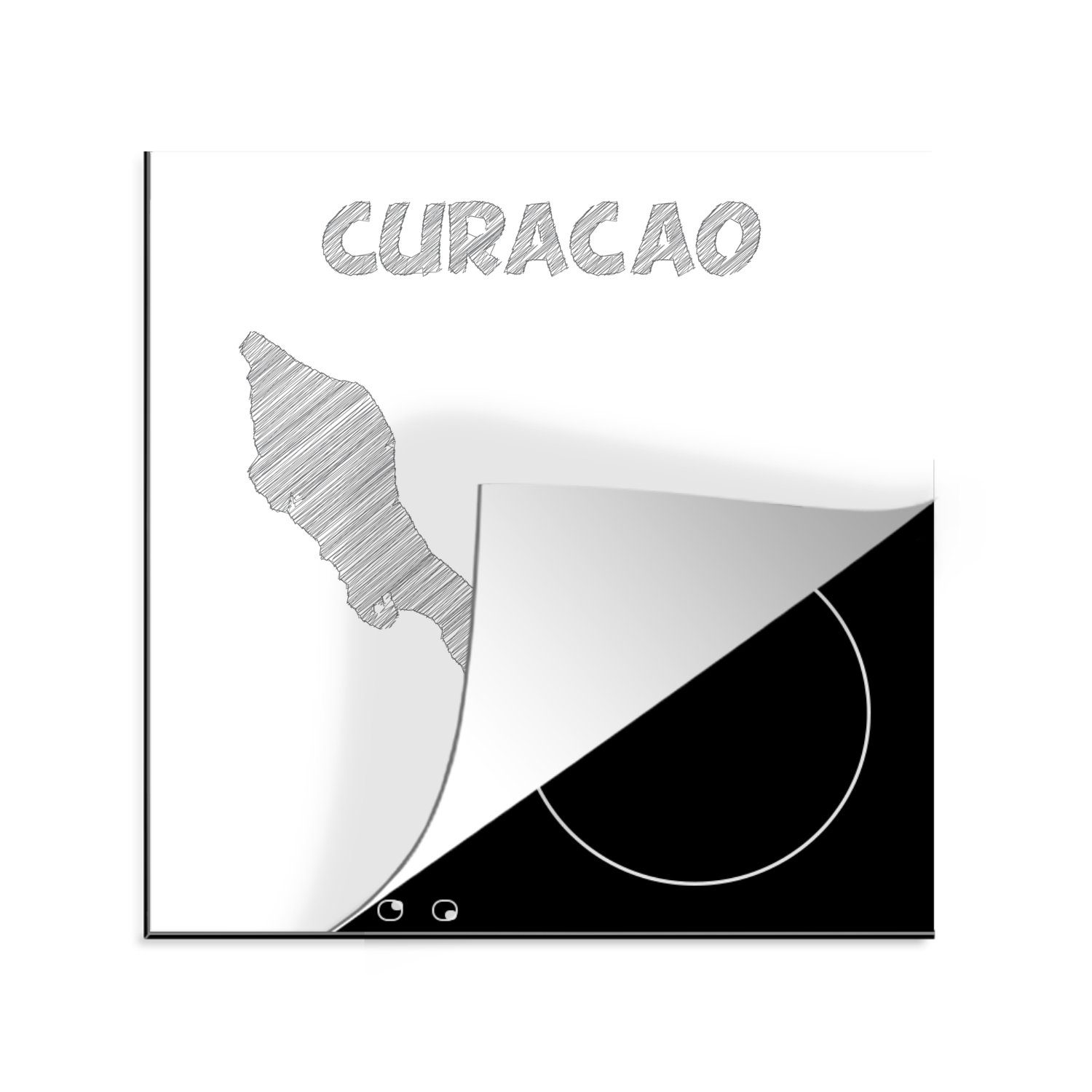 MuchoWow Herdblende-/Abdeckplatte Illustration einer Skizze von Curaçao in schwarz-weiß, Vinyl, (1 tlg), 78x78 cm, Ceranfeldabdeckung, Arbeitsplatte für küche