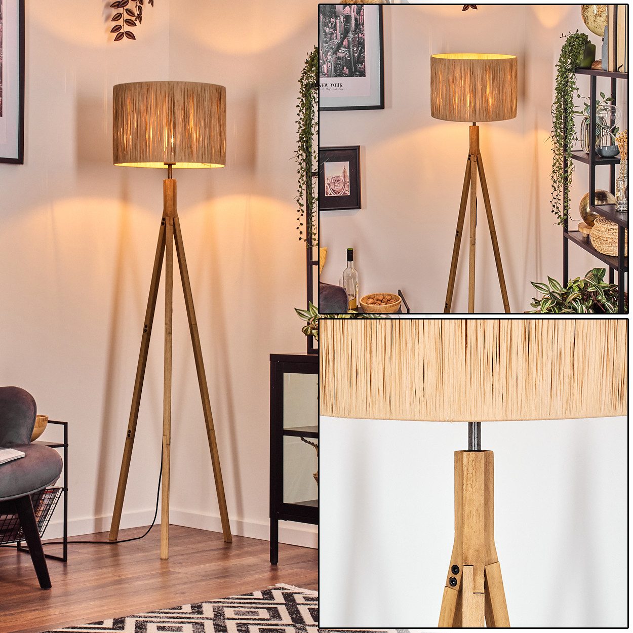 Stehlampe Stehlampe mit Holzfuß und Schirm aus Bast