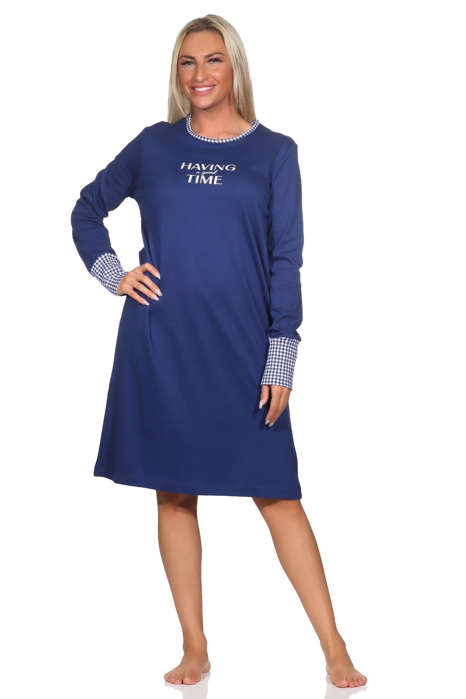 Normann Nachthemd Normann Damen Nachthemd mit Bündchen in Kuschel Interlock Qualität marine