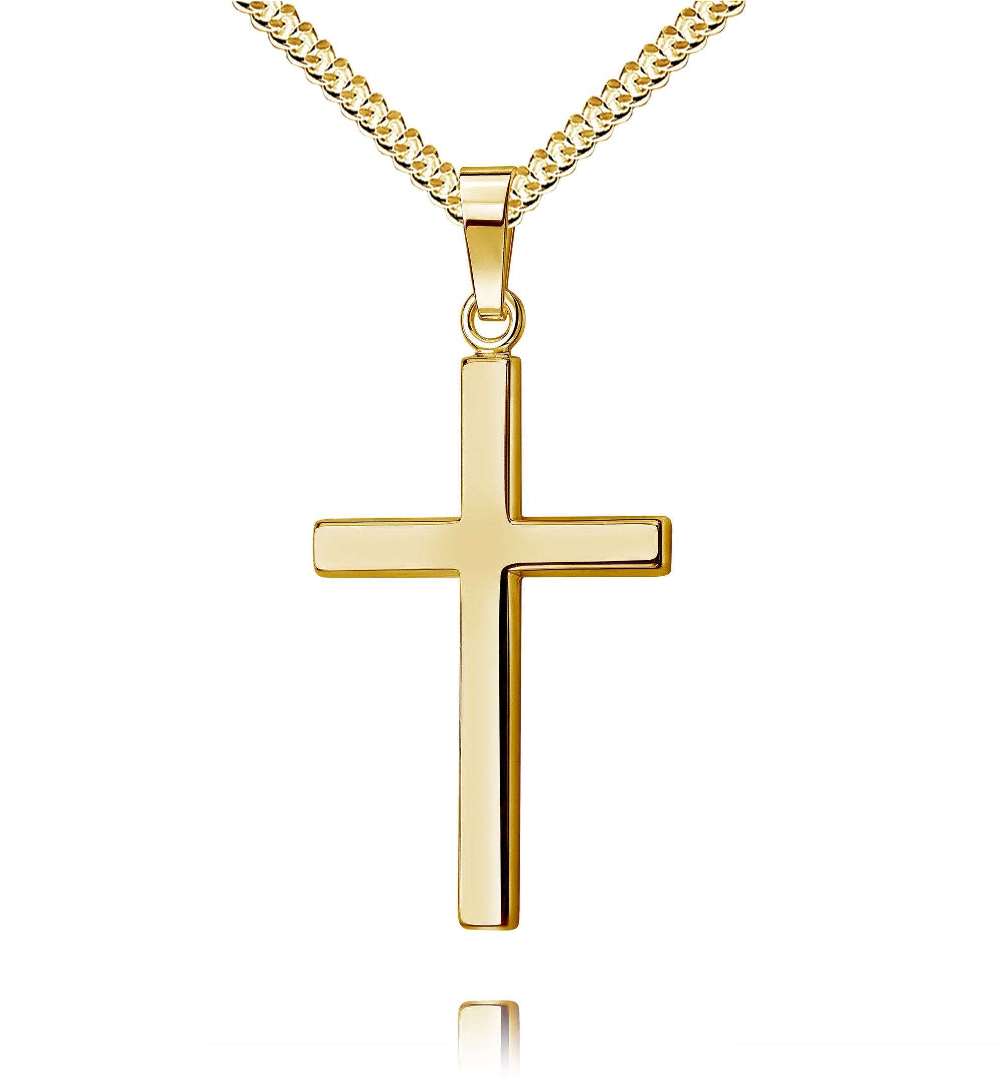 JEVELION Kreuzkette groß Kreuz Anhänger 750 Gold - Made in Germany (Goldkreuz, für Damen und Herren), MIT KETTE vergoldet- Länge wählbar 36 - 70 cm.