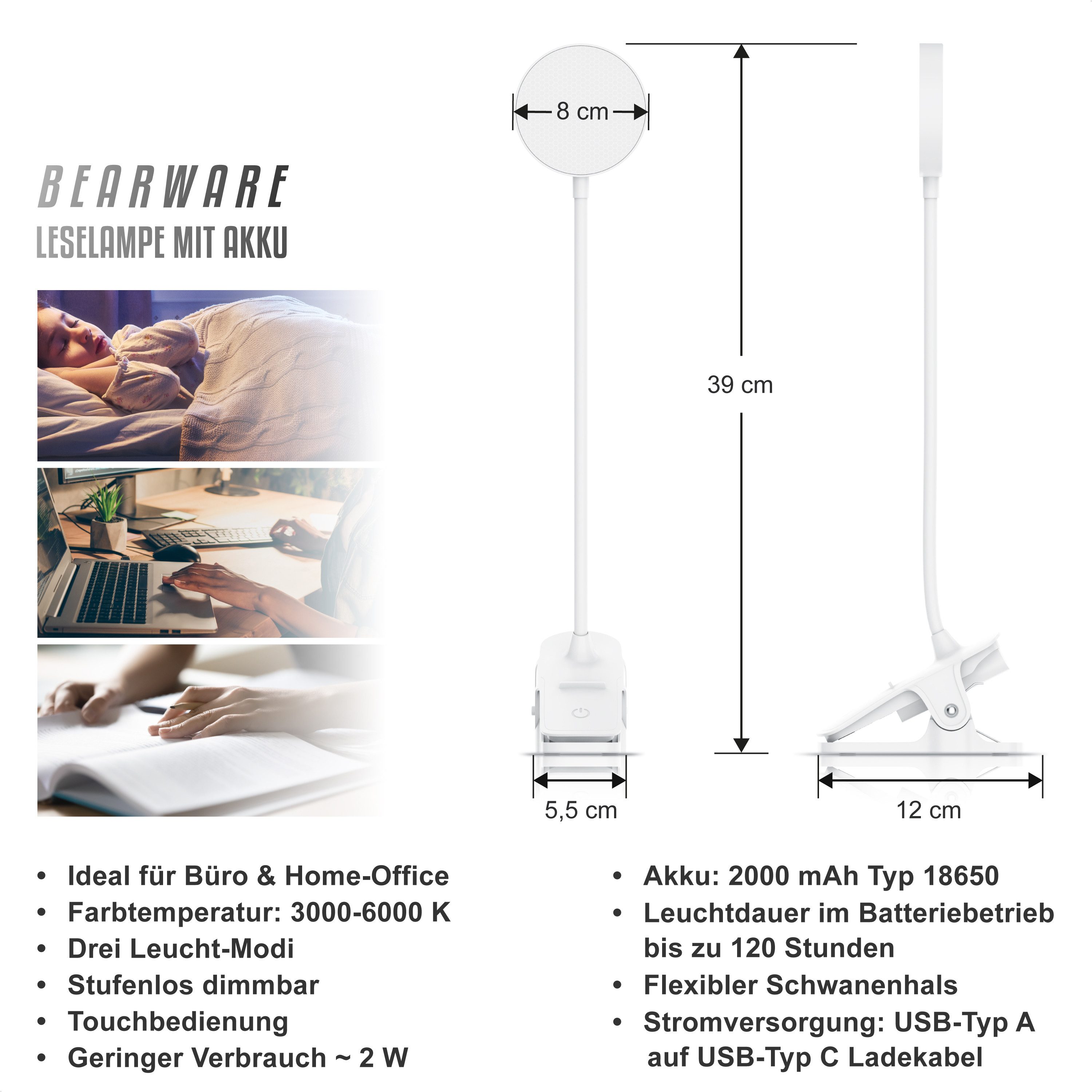 BEARWARE LED Tischleuchte Tischlampe, Nachttischlampe, Leselampe, Schreibtischlampe, Dimmfunktion; Ein-/Ausschalter; Farbwechsel; mehrere Helligkeitsstufen, LED fest integriert, Kaltweiß, Neutralweiß, Warmweiß, zum Anklemmen, 3 Lichtfarben, stufenlos dimmbar, Akku, USB-C, 2000 mAh