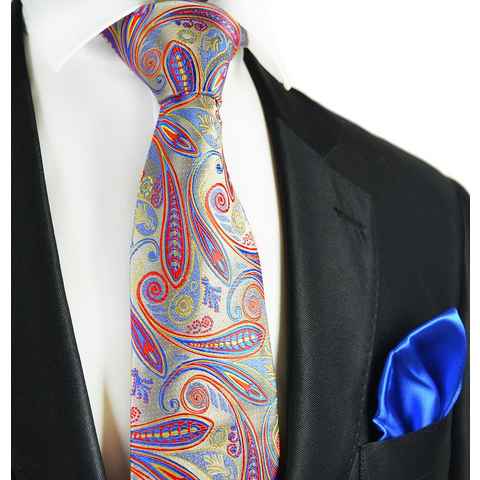 Paul Malone Krawatte 7-Fold Seidenkrawatte Schlips modern elegant 100% Seide paisley (Set, 2-St., mit Einstecktuch) ivory gelb rot blau S14113-32