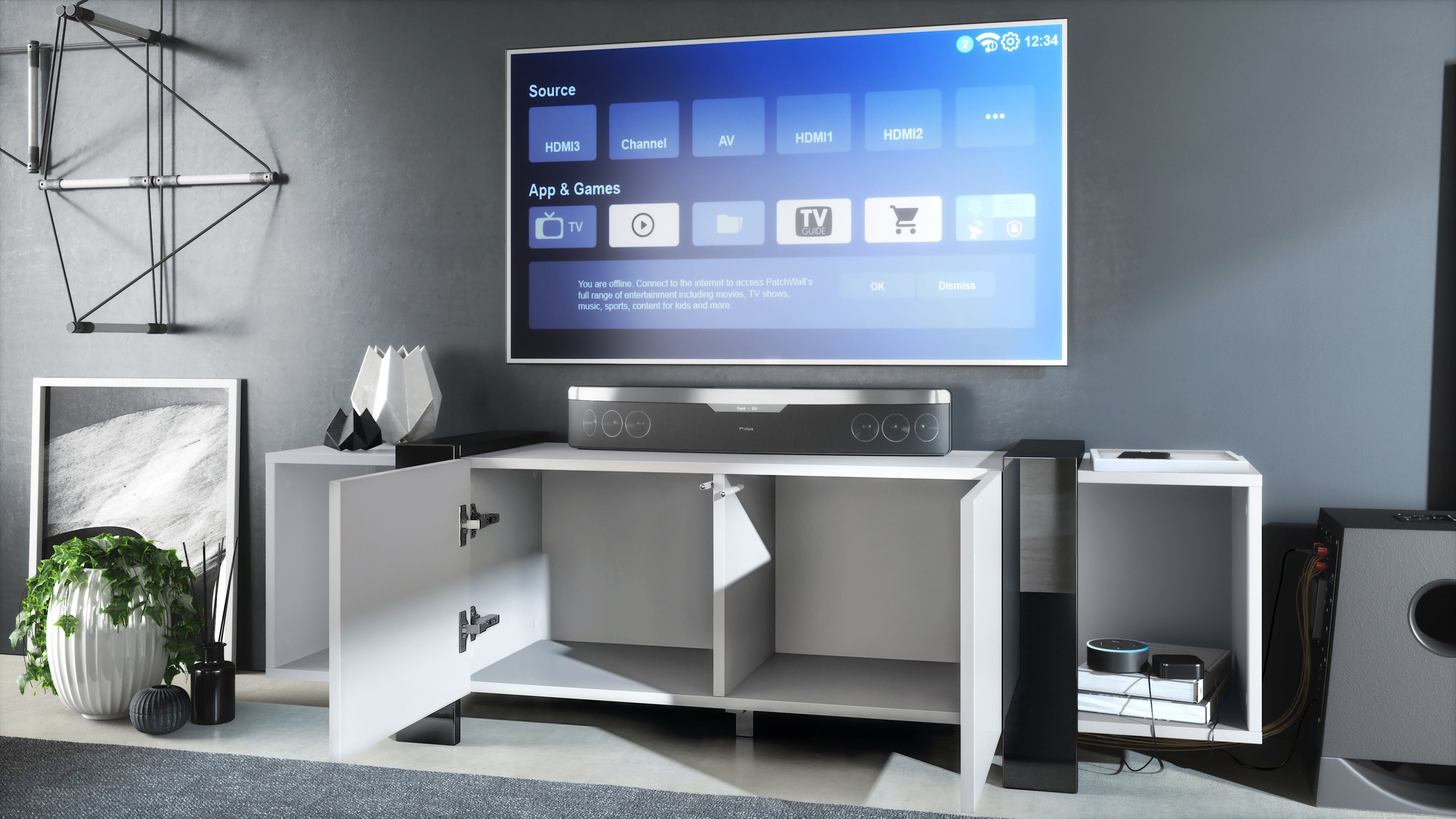Vladon Lowboard Ida (TV-Kommode, mit 2 Türen und 2 offene Fächer), Weiß matt (149 x 45,5 x 34 cm)