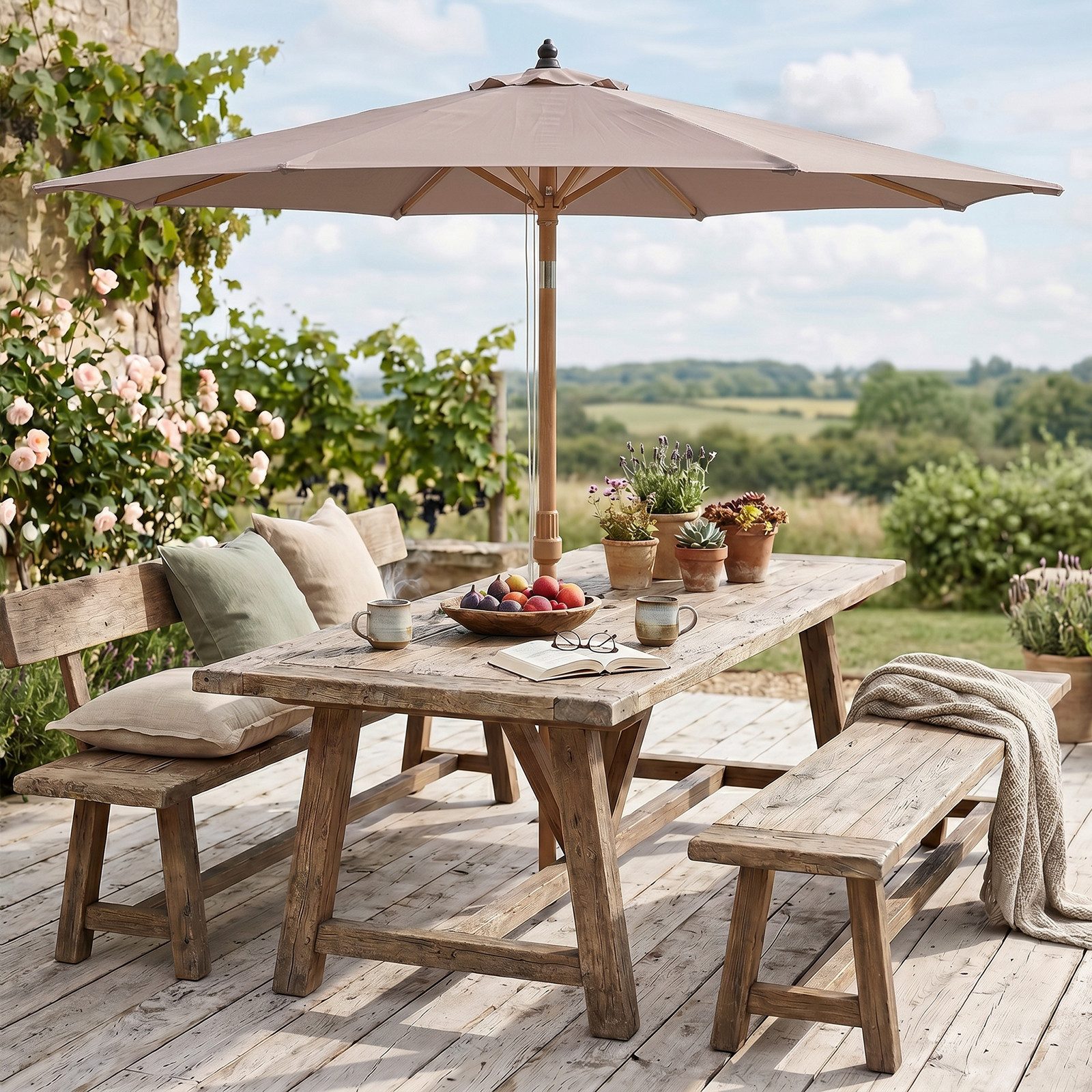 Sekey Sonnenschirm 300 x 300 cm Sonnenschirm Holzoptik Gartenschirm Knickbar, UPF 50+, LxB: 300x300 cm, Doppeltes Seilzugsystem, Neigungsverstellung, für Garten