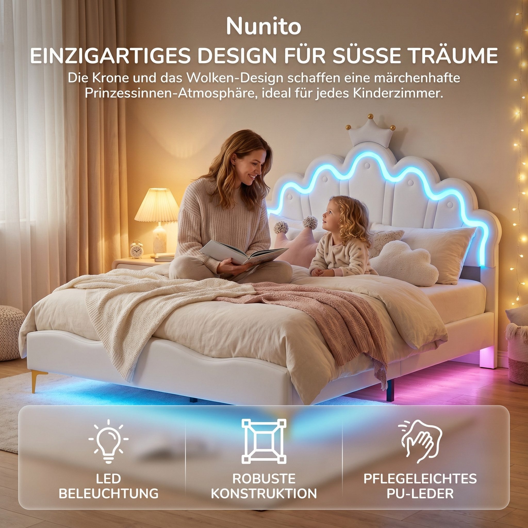 Simurq Kinderbett Mädchenbett 140x190 cm mit LED Verstellbares-Kopfteil in Kronenform (Versand in 2 Paketen, Jugendbett Gästebett für kinder/Erwachsenen,ohne Matratze), Prinzessin Bett, Polsterbett Bettgestell mit Lattenrost,PU-Leder