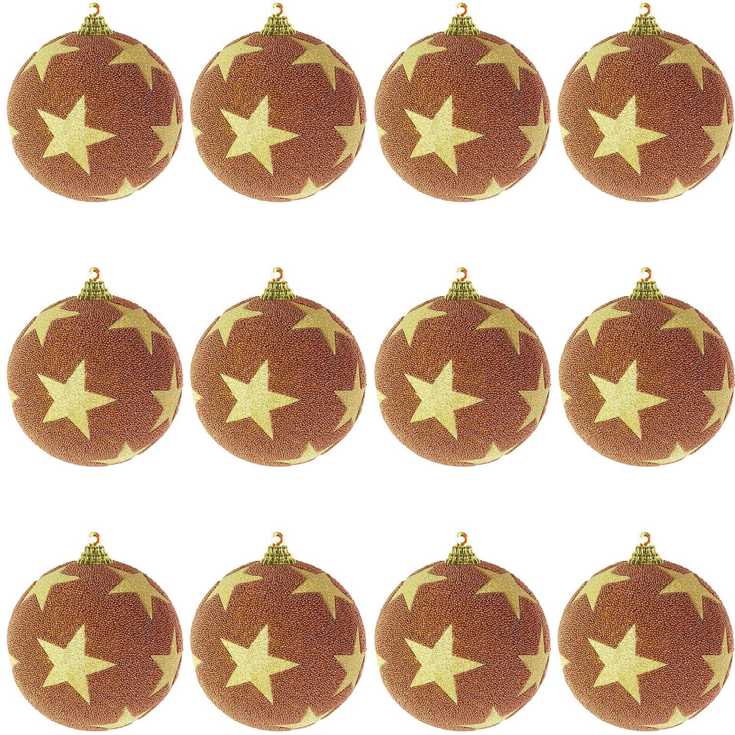 Mojawo Weihnachtsbaumklammer 12-tlg. Christbaumkugeln Weihnachtsbaumkugeln Stern beflockt Glitzer Kufer/Gold Ø 8cm