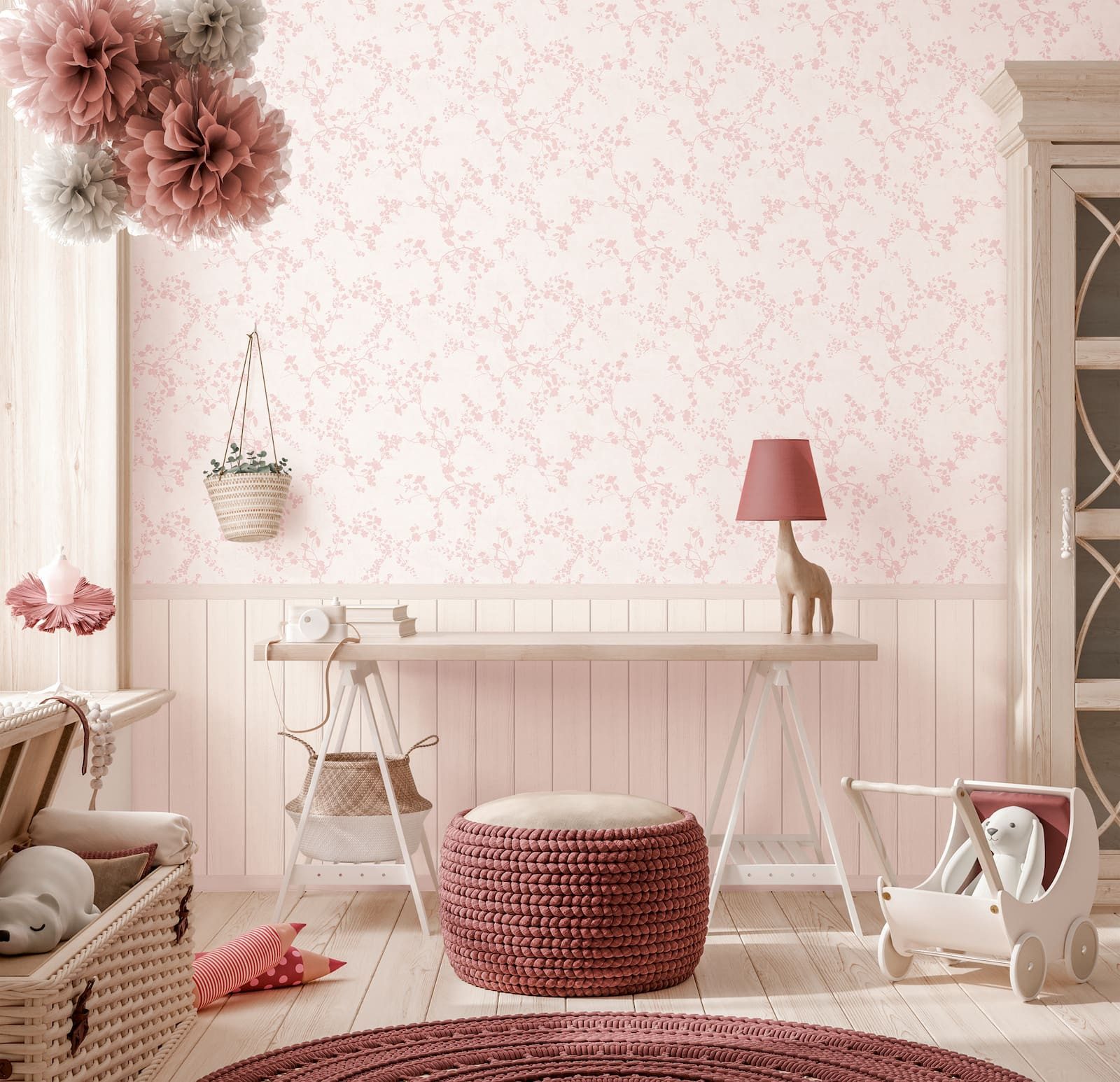 A.S. Création Vliestapete Blüten Zweige Floral Paneele Rosa Grau 77075-1