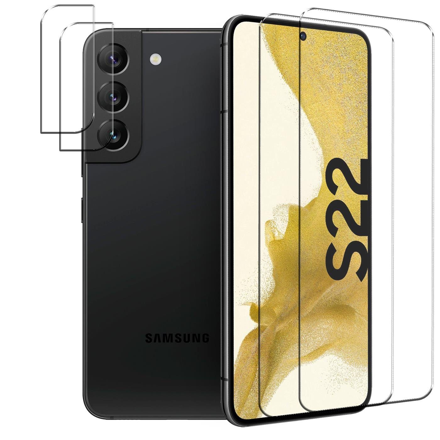 CoolGadget Schutzfolie Panzerfolie für Samsung Galaxy S22, (Spar-Set 4in1, 2x Displayschutz, 2x Kameraschutz), Panzerglas Schutzfolie für Samsung Galaxy S22 Folie