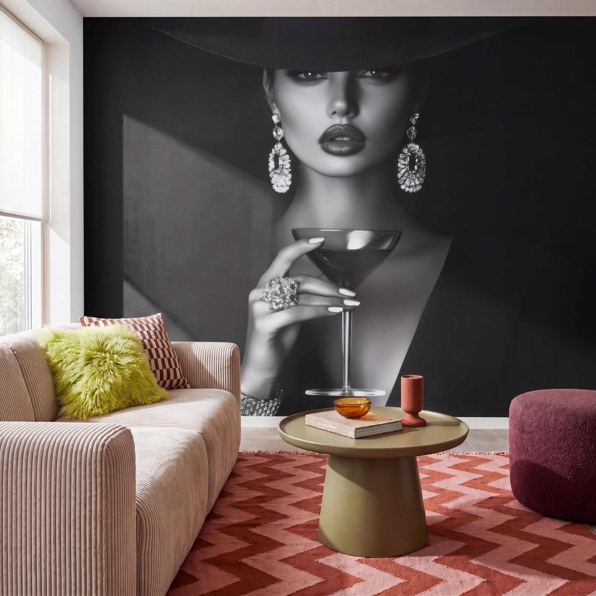 OnlyWow Fototapete Frau - Cocktail - Schick, Matt, bedruckt, Wandtapete, Schlafzimmer, Vinyl Tapete 280x220cm