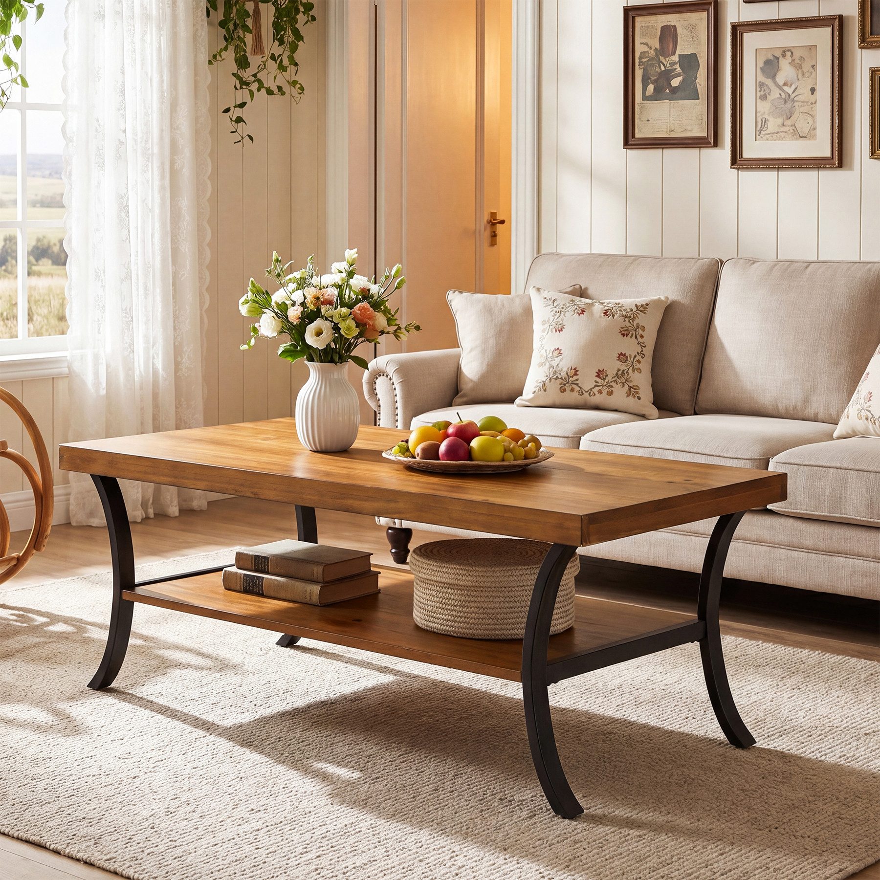 Tribesigns Couchtisch Massivholz 120 cm Wohnzimmertisch 2 Ebenen, mit gebogenen Metallbeinen