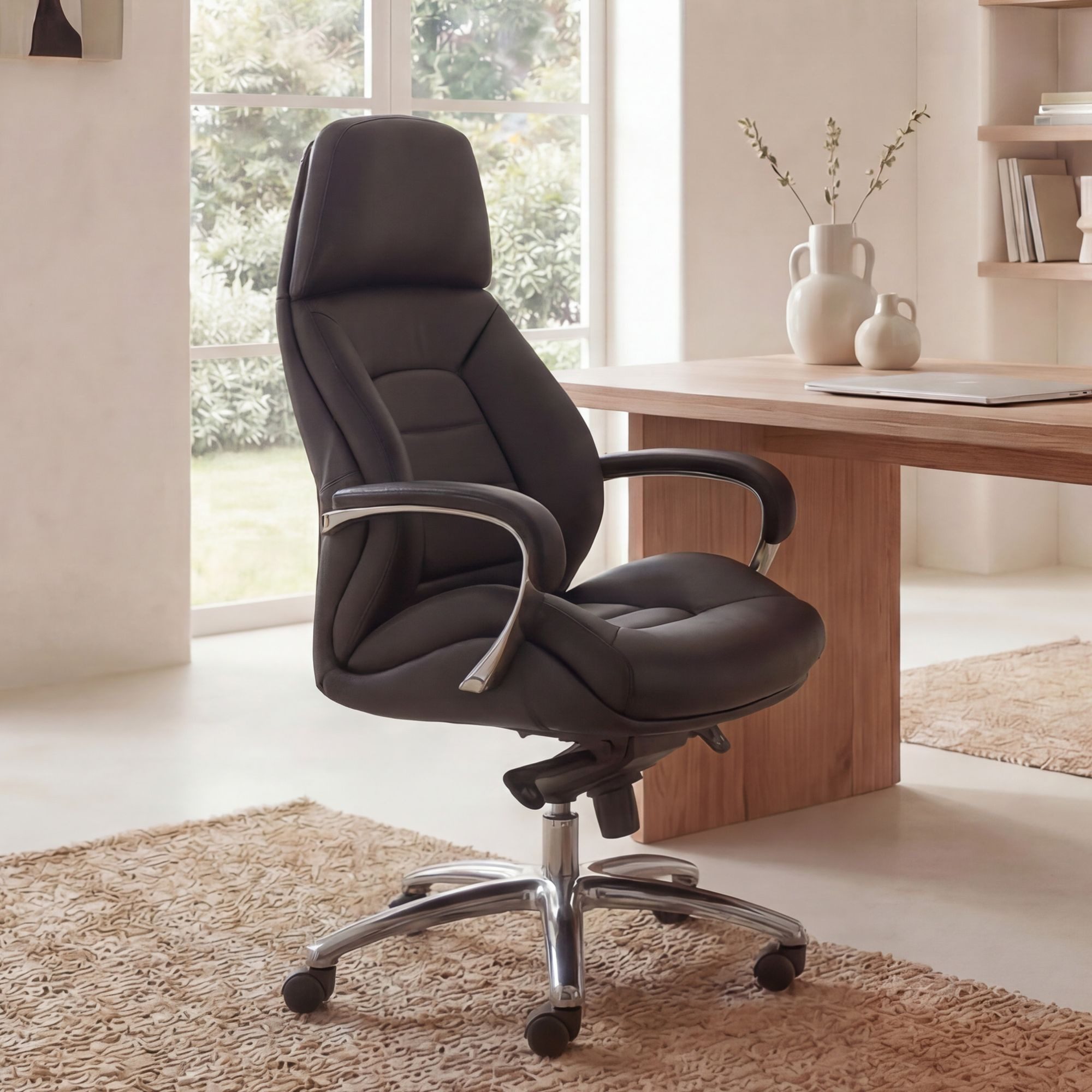 FINEBUY Chefsessel Bürostuhl Echtleder Ergonomisch XXL Drehstuhl 120 kg Stuhl (Echtleder Schwarz, Chefsessel bis 120 kg), Bürostuhl höhenverstellbar, Drehstuhl Wippfunktion