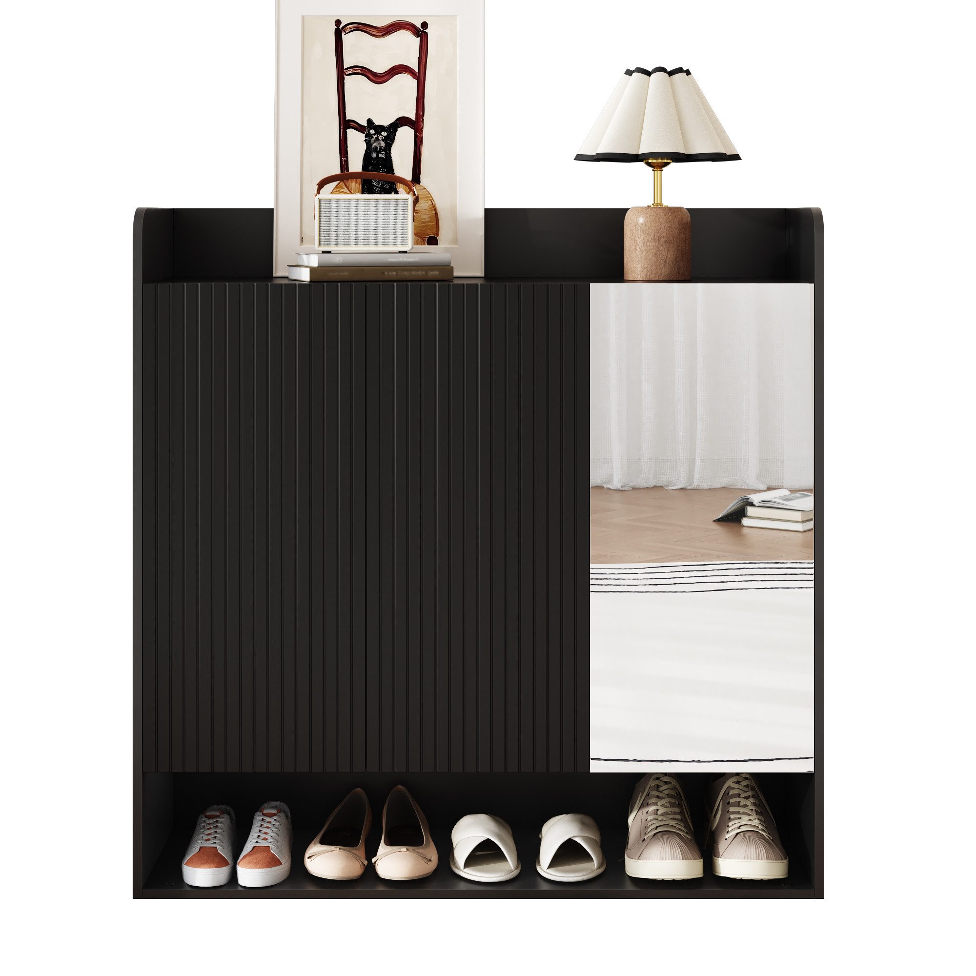 Refined Living Schuhschrank Schuhschrank mit Spiegel, schwarz, geriffelt, platzsparend, modern (110x35,5x110 cm, Schwarz, MDF + Spanplatte, Schuhschrank mit Ganzkörperspiegel, verstellbare Einlegeböden, 1-St., geschlossene Türen, staubdicht, modernes Design) platzsparend für Flur und kleine Wohnungen, stabil und funktional