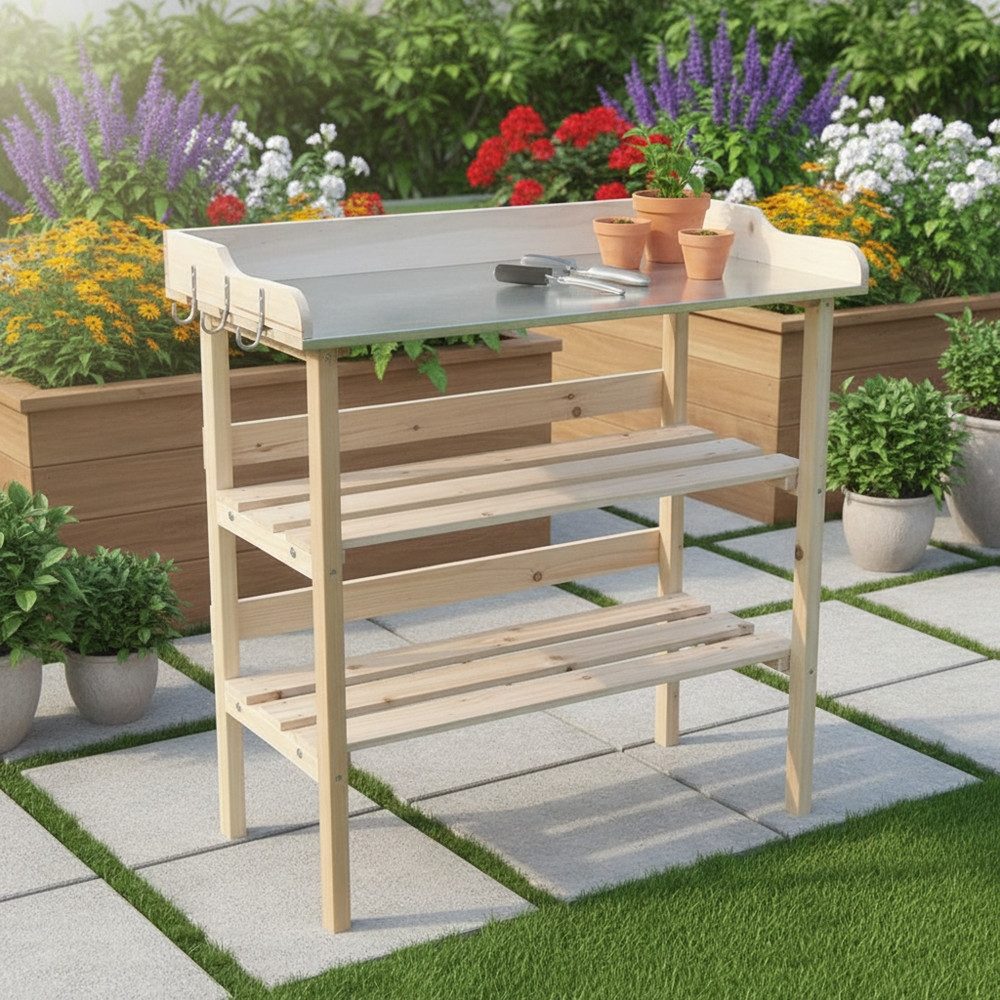 Melko Pflanztisch Gartentisch Pflanztisch Holztisch mit Ablage & Haken Gärt günstig online kaufen