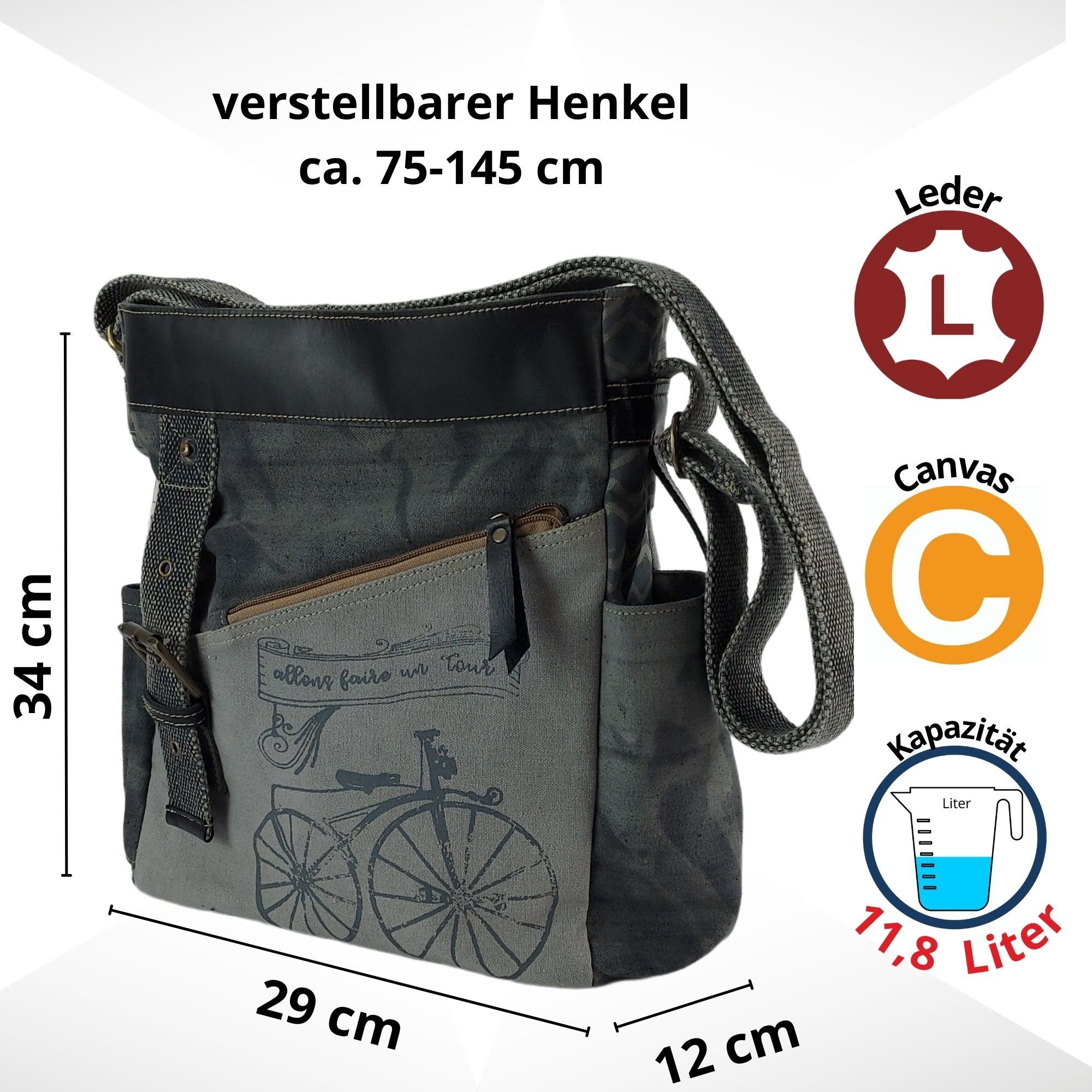 Umhängetasche Echt Sunsa verstellbaren Leder, aus große Tasche schwarze Schulterriemen Leder Canvas Schultertasche, mit Umhängetasche