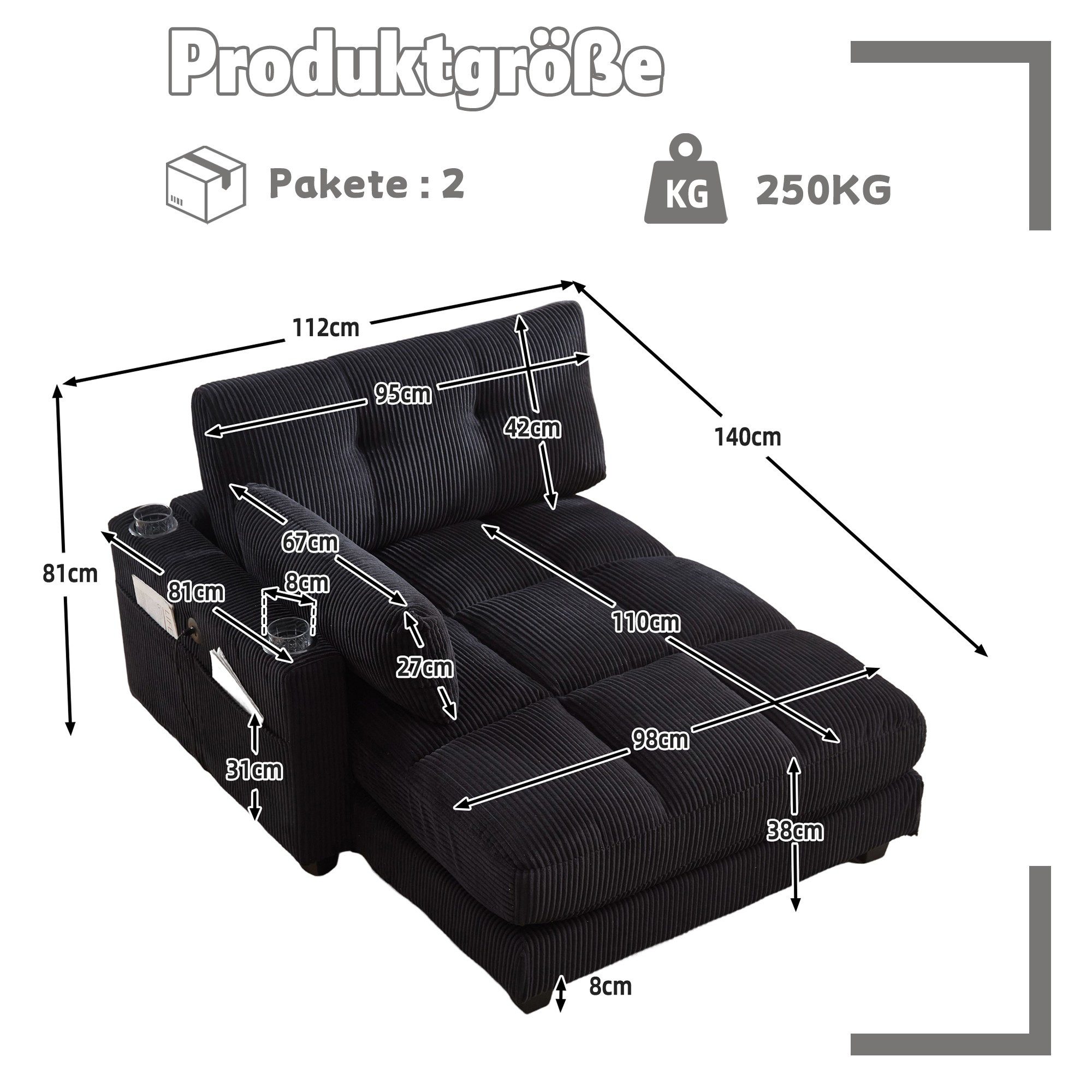 LVHOM Polsterliege Ottomane/Loungesofa/Polsterbett/Daybett/Gästebetten/Schlafsofa (USB/Typ C-Ladeanschlüssen, Seitentaschen, Getränkehalter, modularer Flexibilität Palmen Sessel, links & rechts tauschbare Armlehnen, Schlaffunktion, Platzsparend, 2-St., Multifunktional für Kleinwohnung, Homeoffice und Gästeübernachtung), Perfekt für Wohnzimmer, Schlafzimmer, Jugendzimmer, Gästezimmer