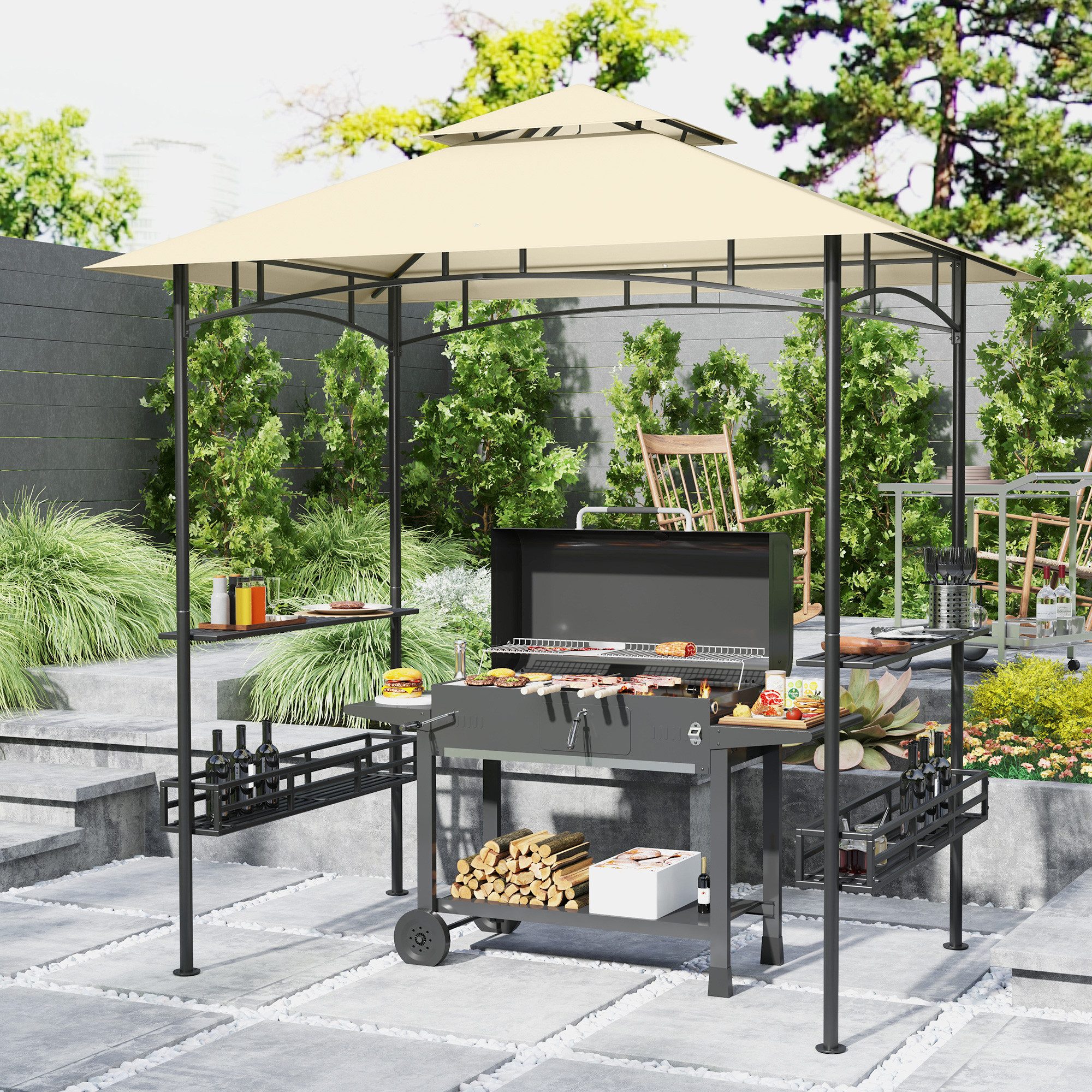 Outsunny Grillpavillon Gartenpavillon mit Doppeldach, Seitenregalen, Grillzelt, mit 0 Seitenteilen, (Gartenpavillon, Gartenlauben), mit UV-Schutz, aus Stahl, 240 x 150 x 257 cm, für Party, BBQ, Beige