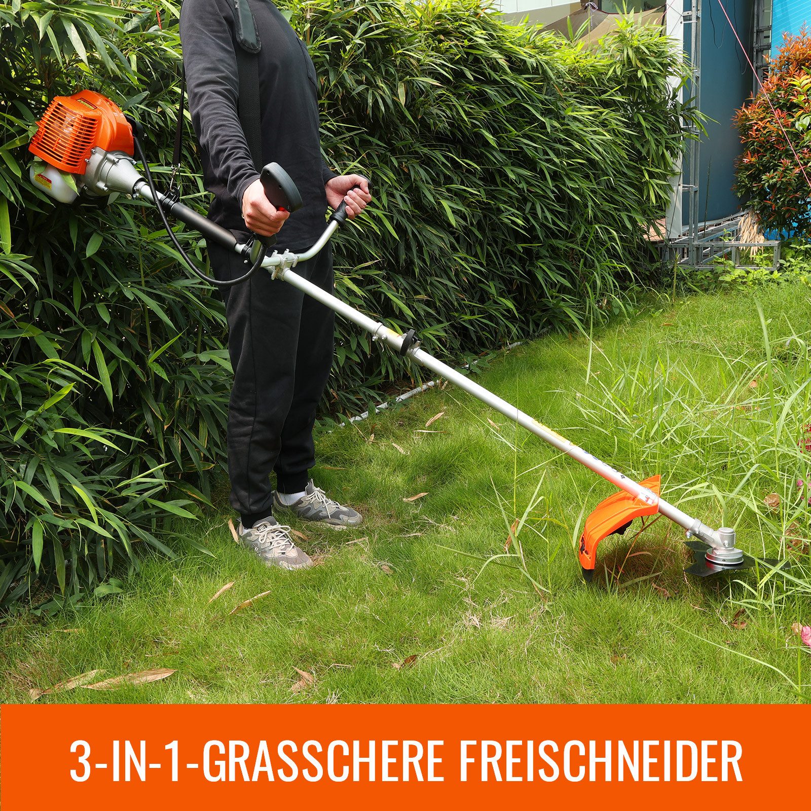 CONENTOOL Benzin-Motorsense 3 in 1 Rasentrimmer Freischneider, 25,5 cm Arbeitsbreite Messer, 35 cm Arbeitsbreite Faden, Doppel-Faden, 3-T-Messer